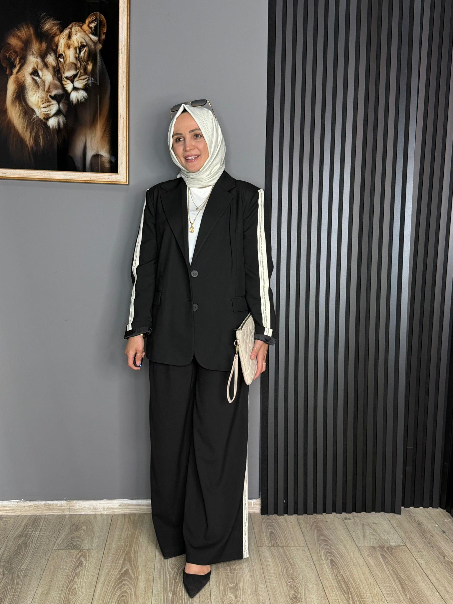 1192 ŞERİTLİ CEKET PANTOLON TAKIM SİYAH 