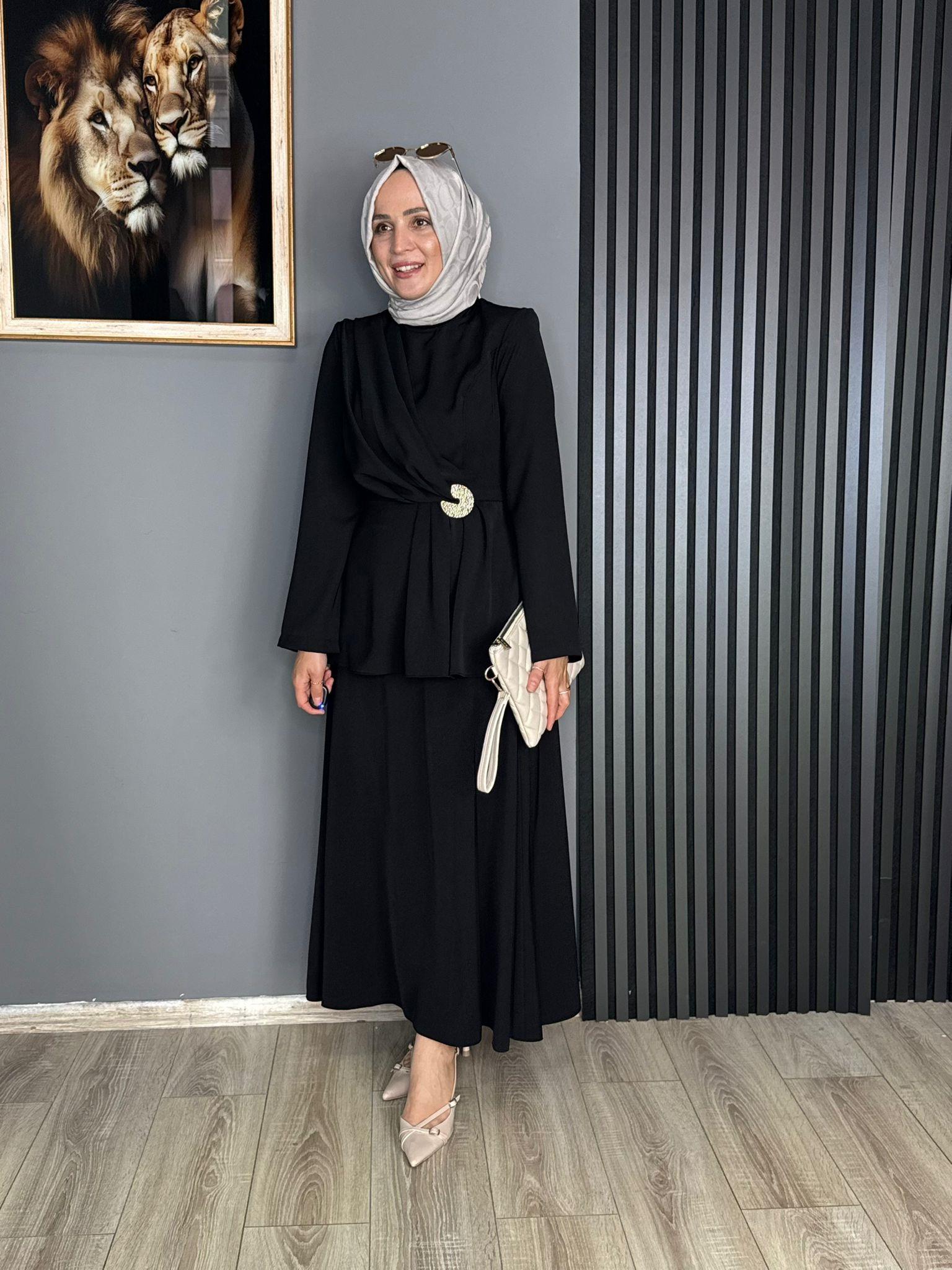 14496 DRAPELİ ETEK TAKIM SİYAH 