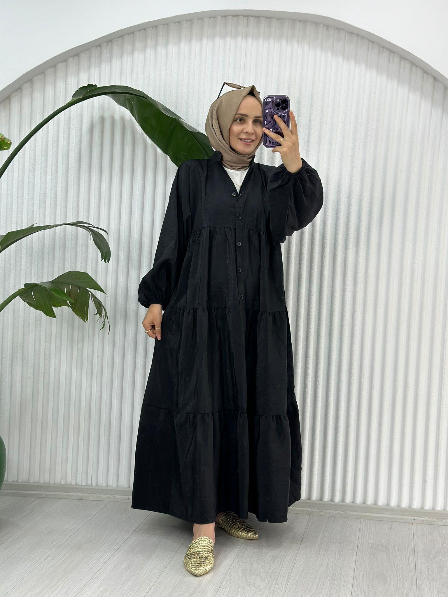 1551 DÜĞMELİ ELBİSE SİYAH 1