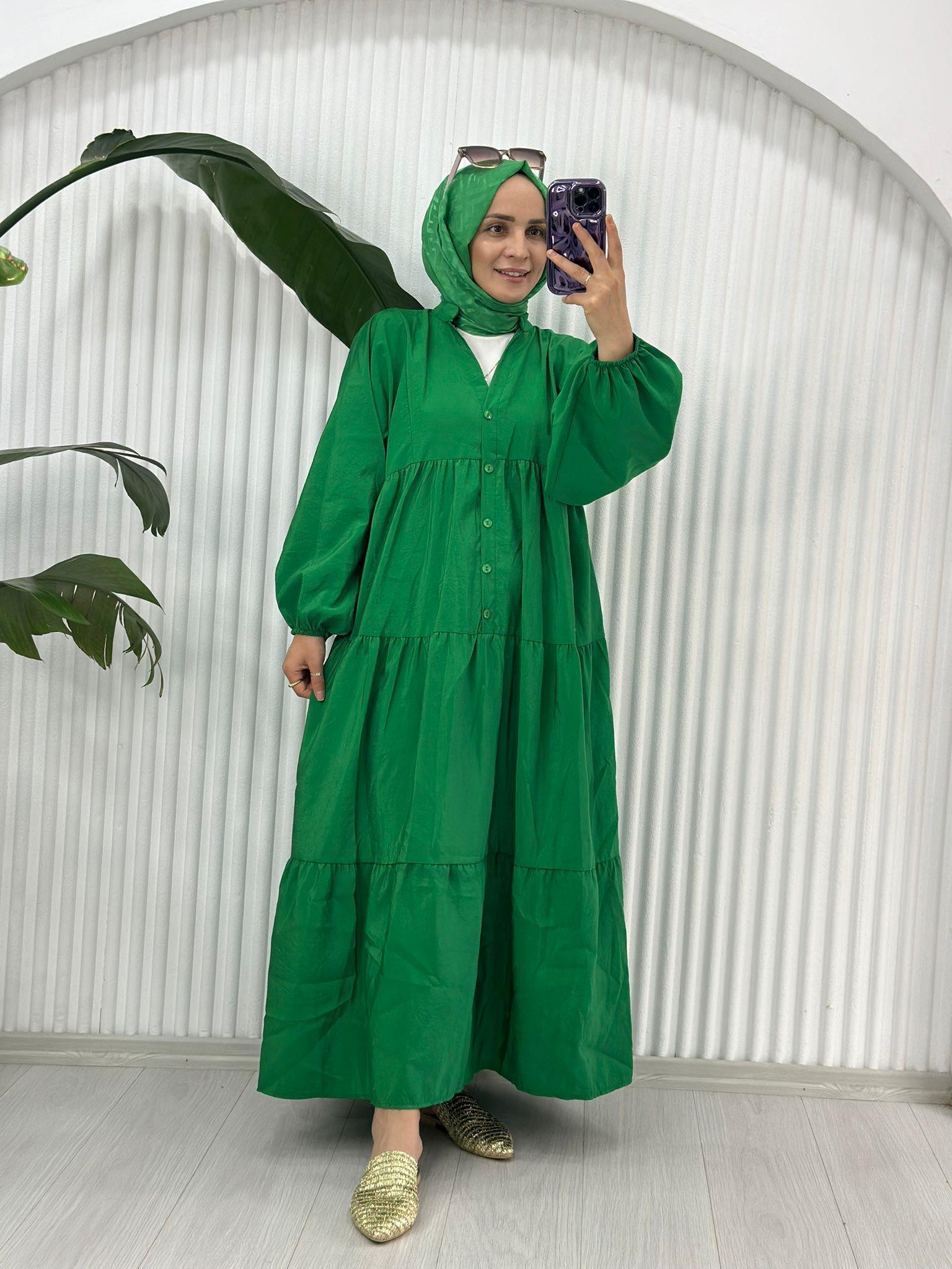 1551 DÜĞMELİ ELBİSE YEŞİL 1