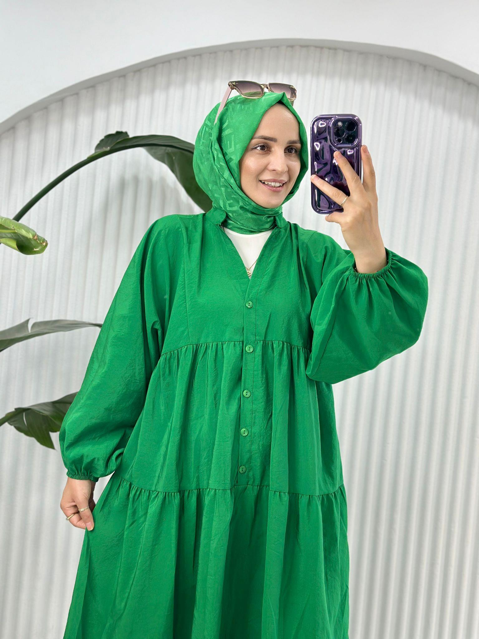 1551 DÜĞMELİ ELBİSE YEŞİL 1