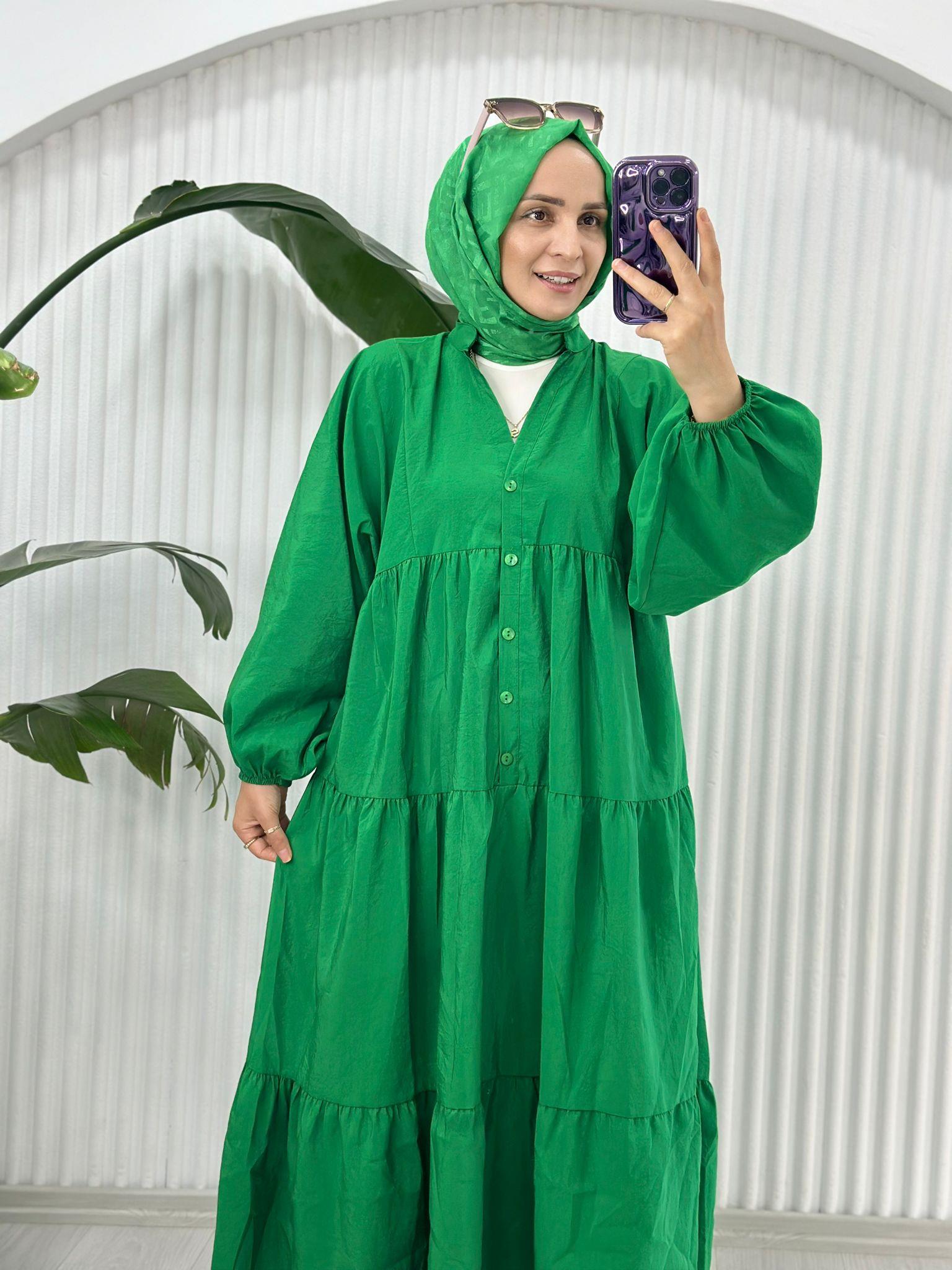 1551 DÜĞMELİ ELBİSE YEŞİL 1