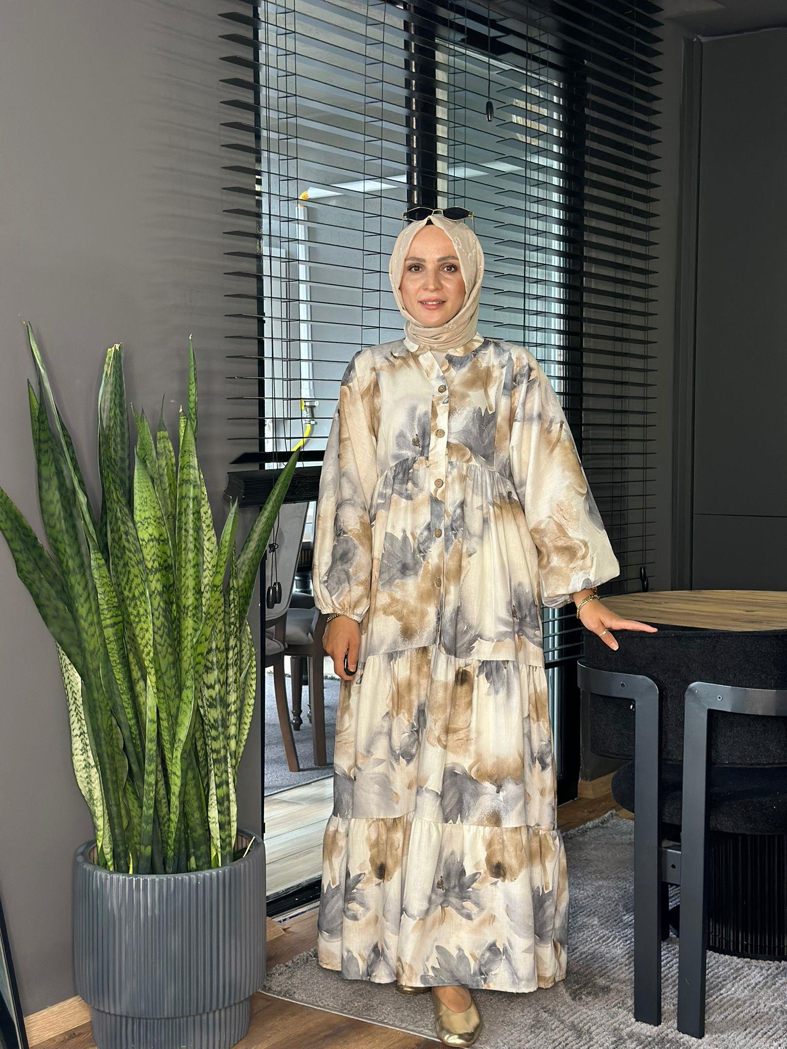 2041 DESENLİ KETEN ELBİSE GRİ