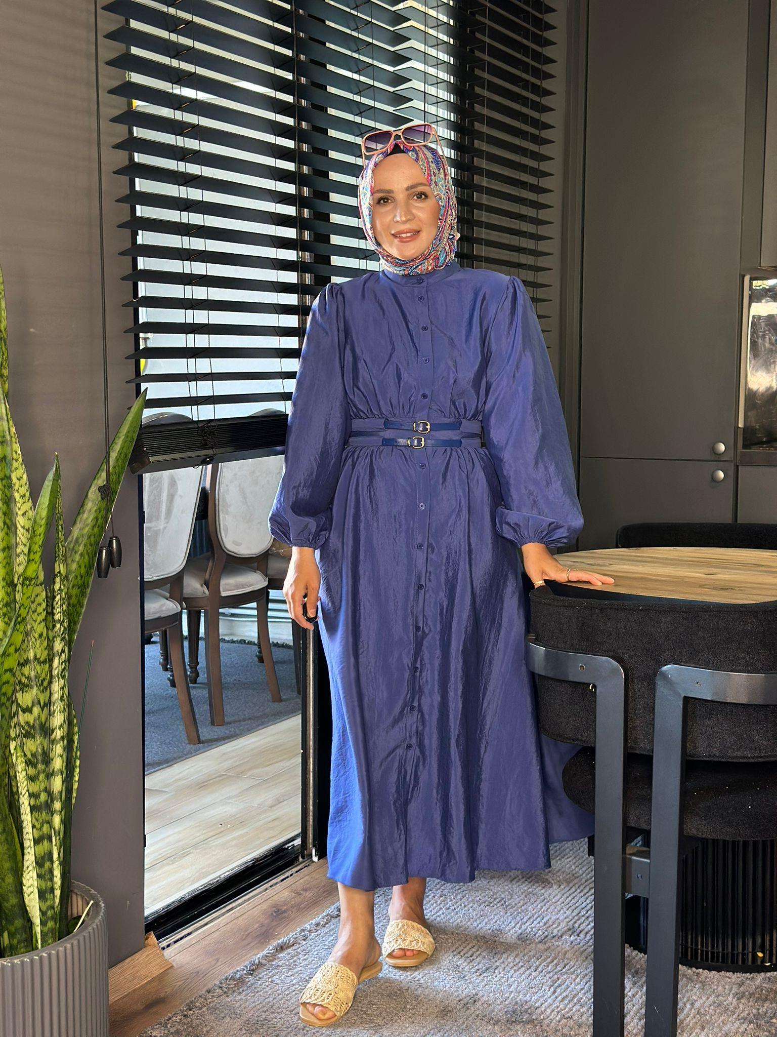 20658 ÇİFT KEMERLİ PRENSES MODEL ELBİSE MAVİ 