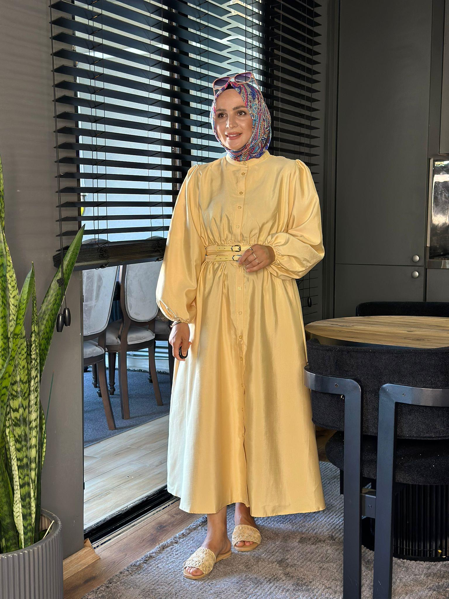 20658 ÇİFT KEMERLİ PRENSES MODEL ELBİSE SARI
