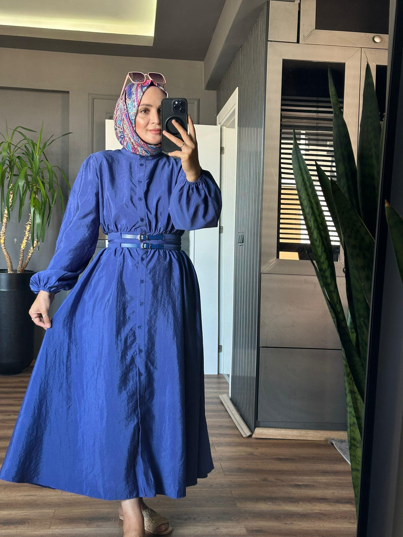 20658 ÇİFT KEMERLİ PRENSES MODEL ELBİSE MAVİ 