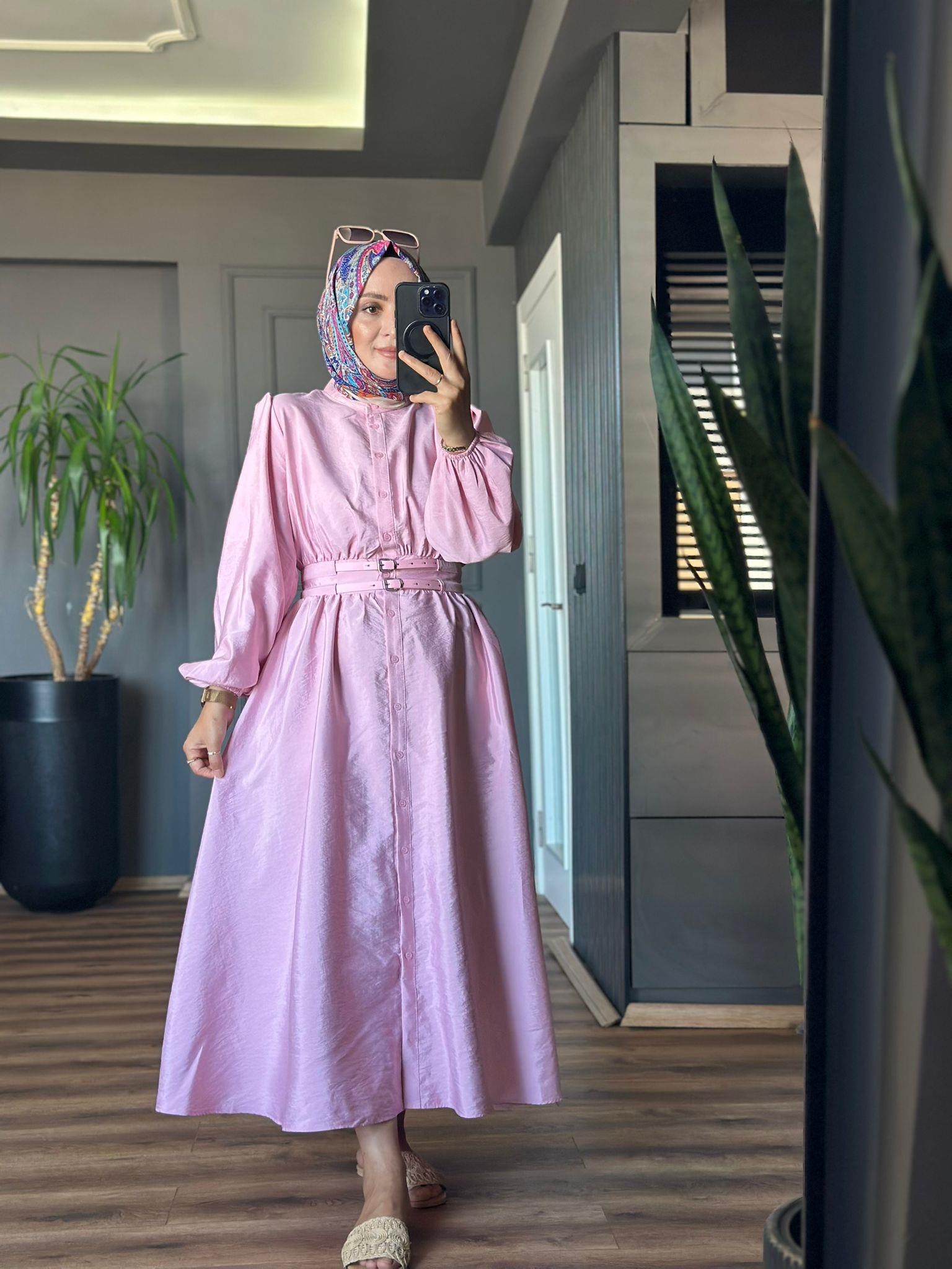 20658 ÇİFT KEMERLİ PRENSES MODEL ELBİSE PEMBE