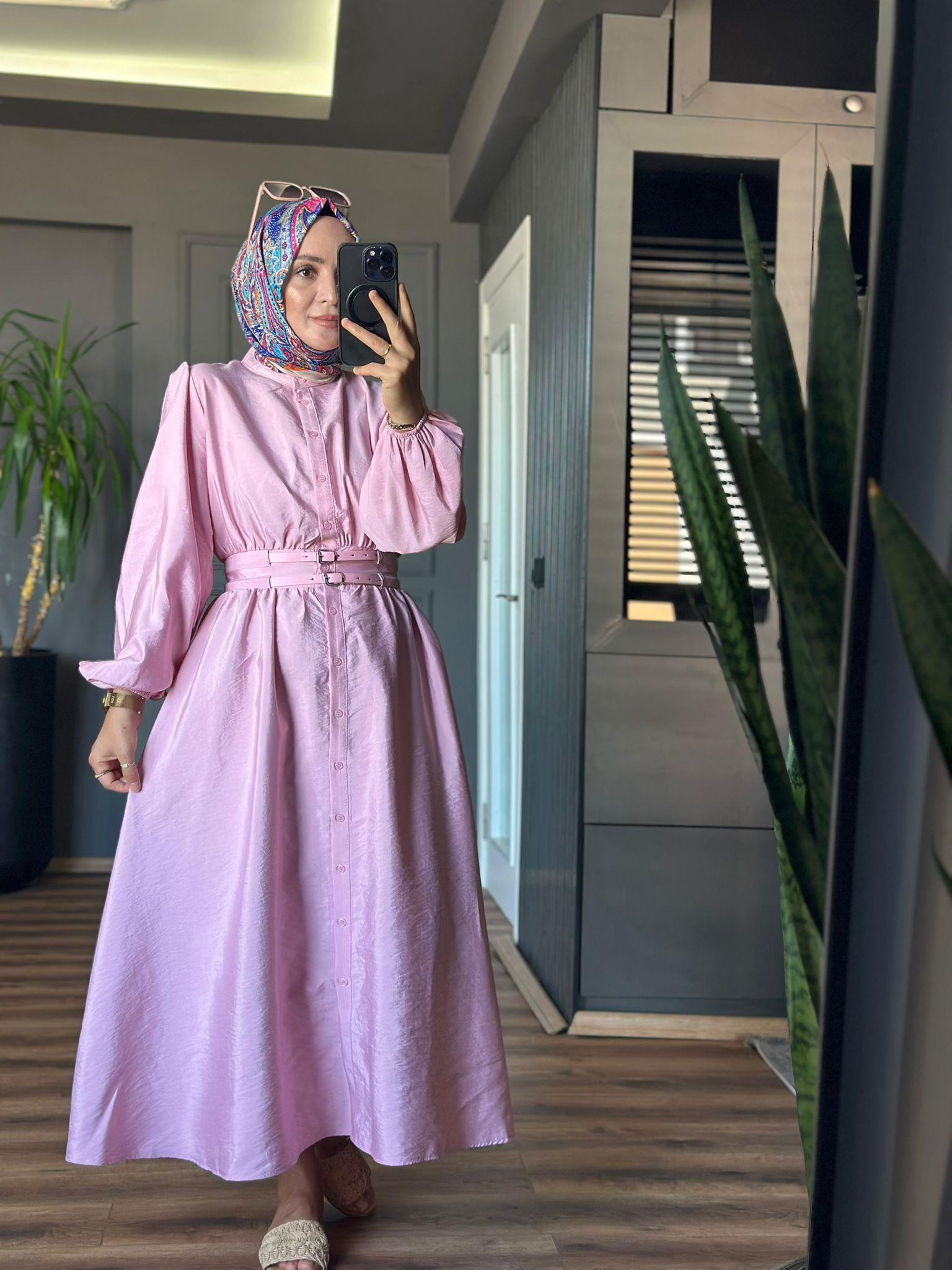 20658 ÇİFT KEMERLİ PRENSES MODEL ELBİSE PEMBE