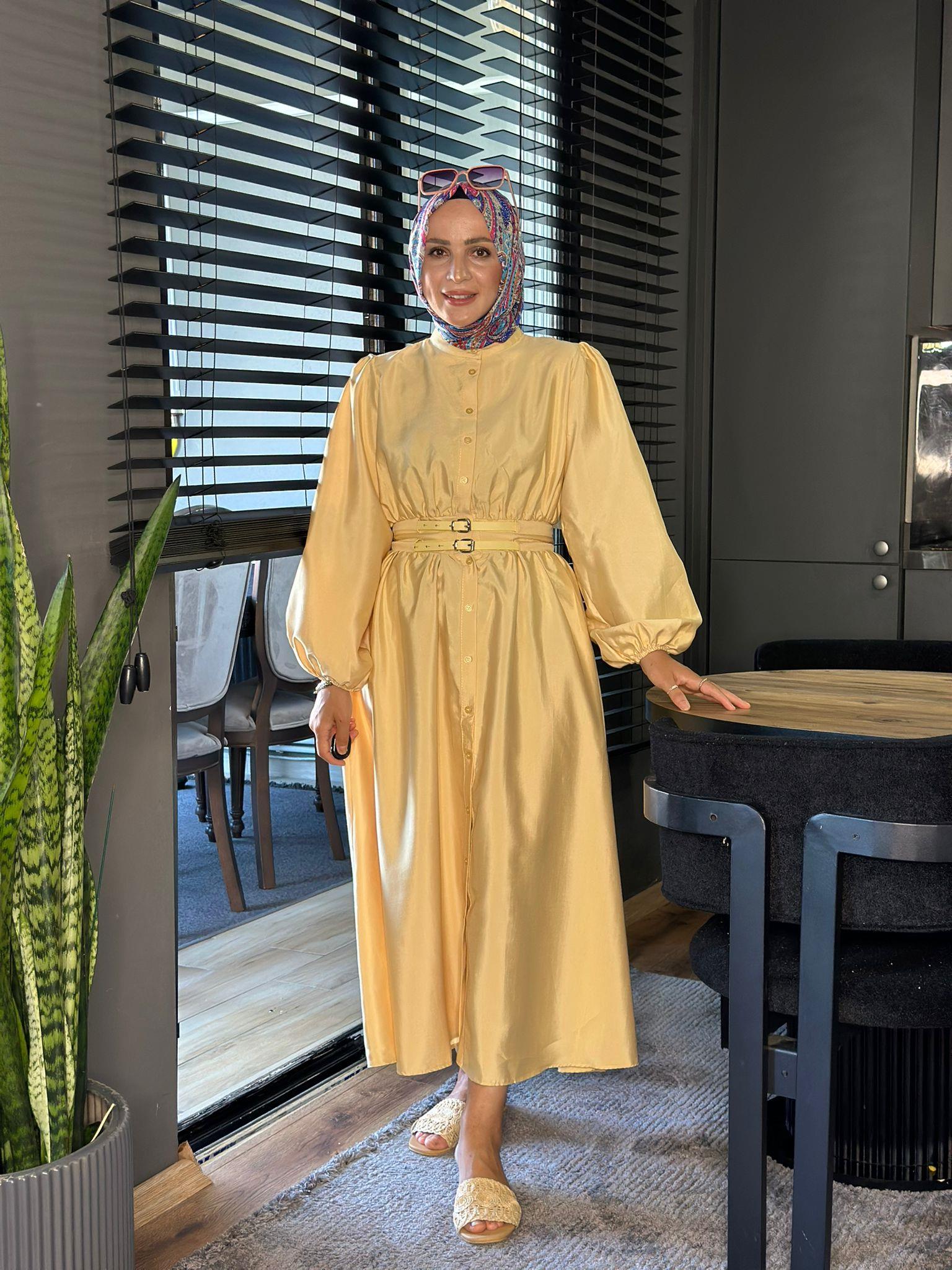 20658 ÇİFT KEMERLİ PRENSES MODEL ELBİSE SARI