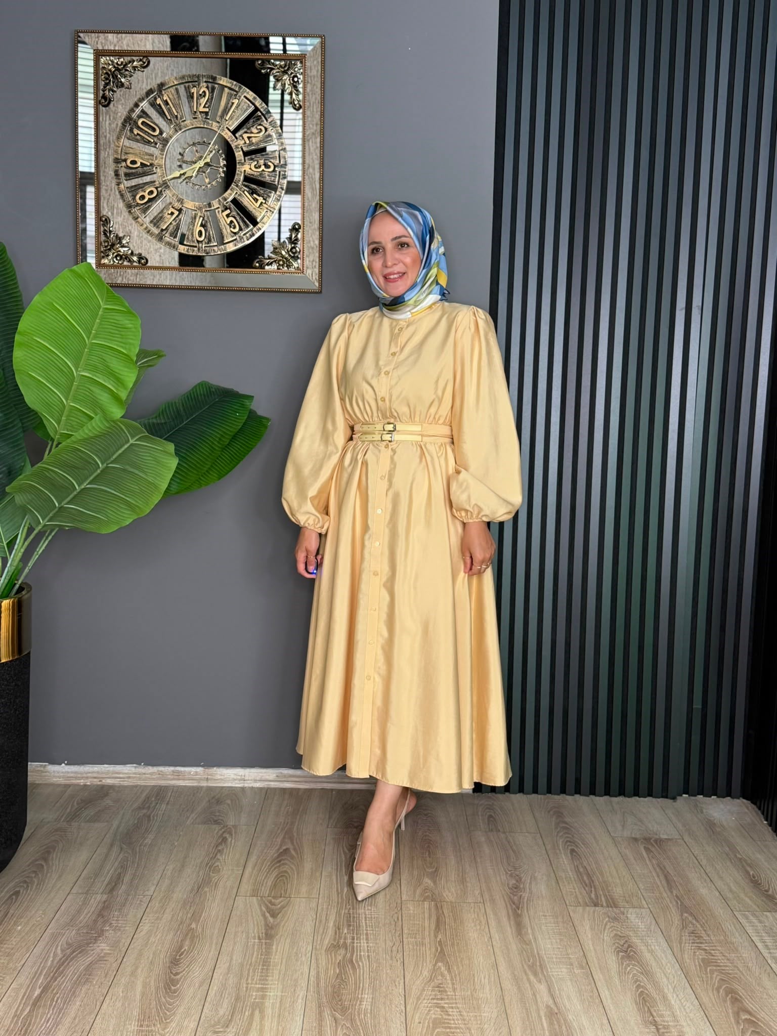 20658 ÇİFT KEMERLİ PRENSES MODEL ELBİSE SARI 