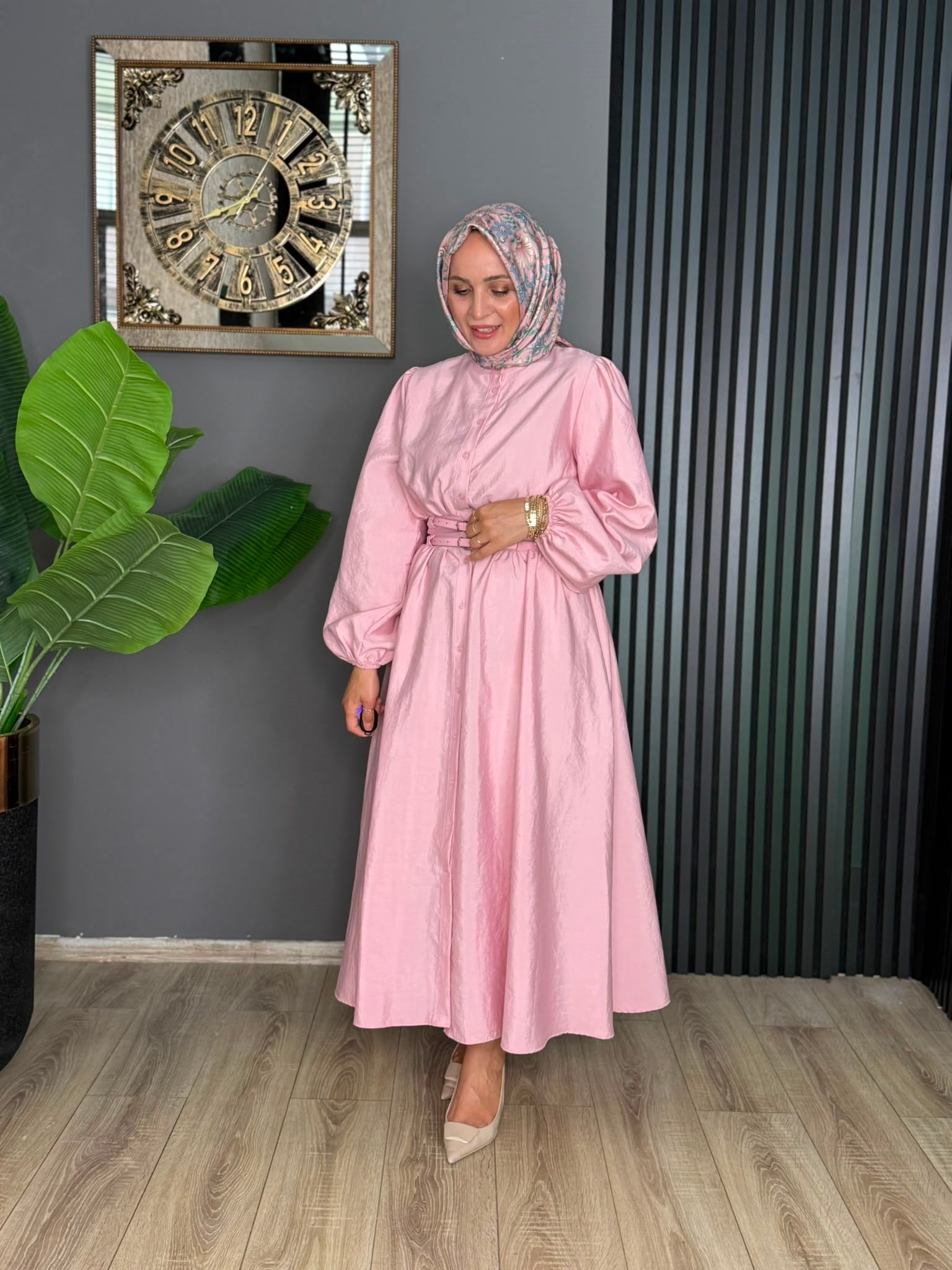 20658 ÇİFT KEMERLİ PRENSES MODEL ELBİSE PEMBE 