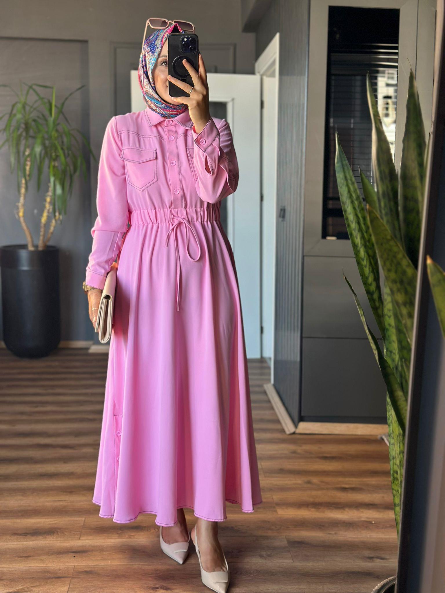 2135 CEP DETAYLI ELBİSE PEMBE