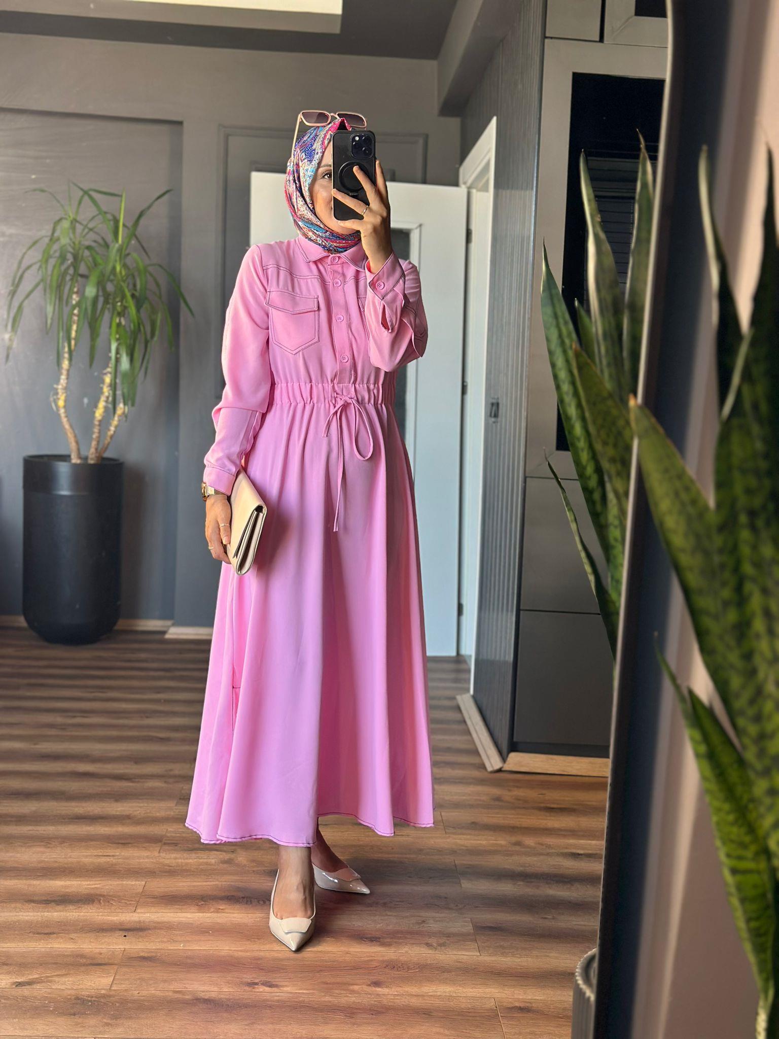 2135 CEP DETAYLI ELBİSE PEMBE