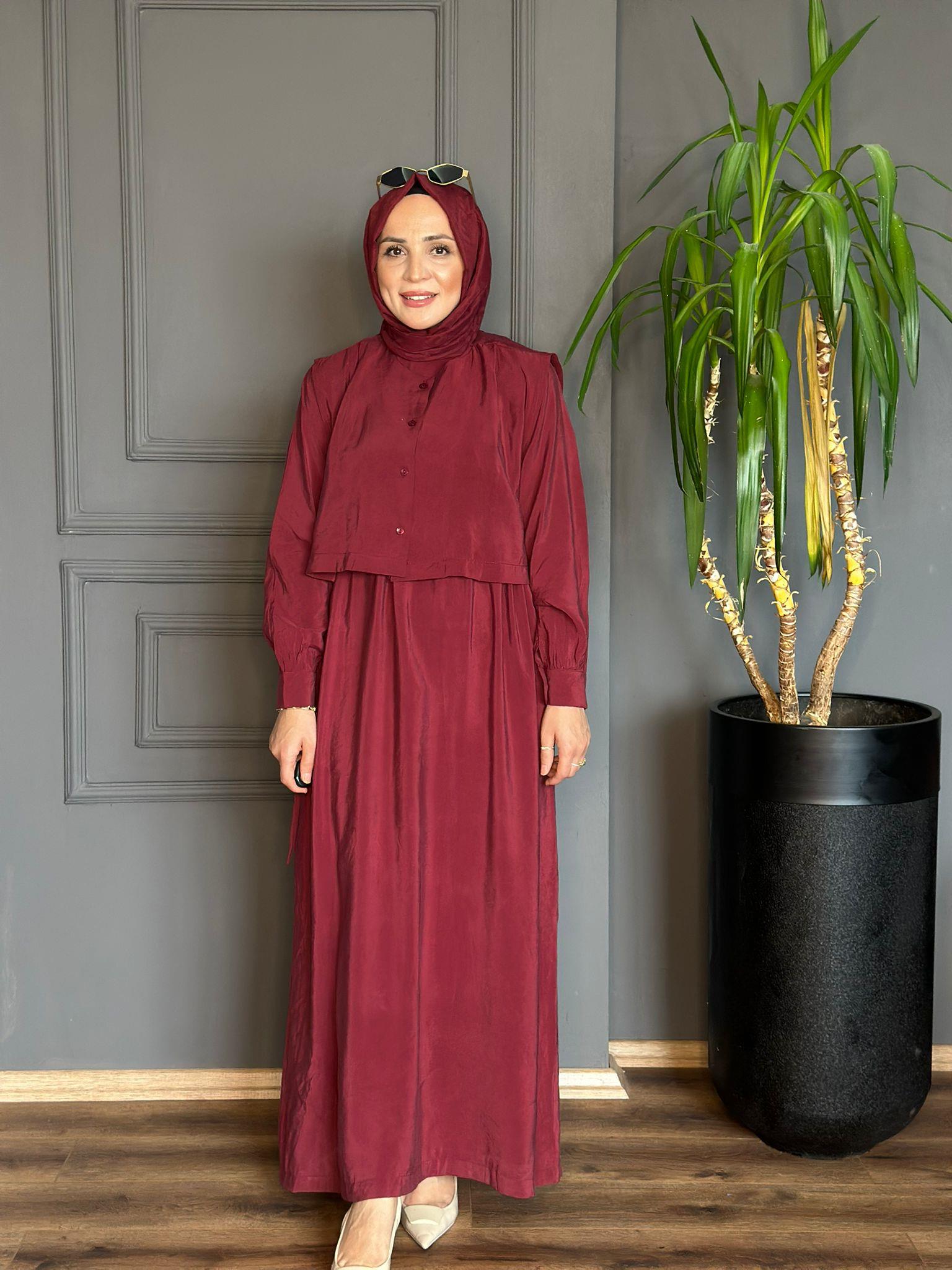 22711 TENSEL BORDO ELBİSE 