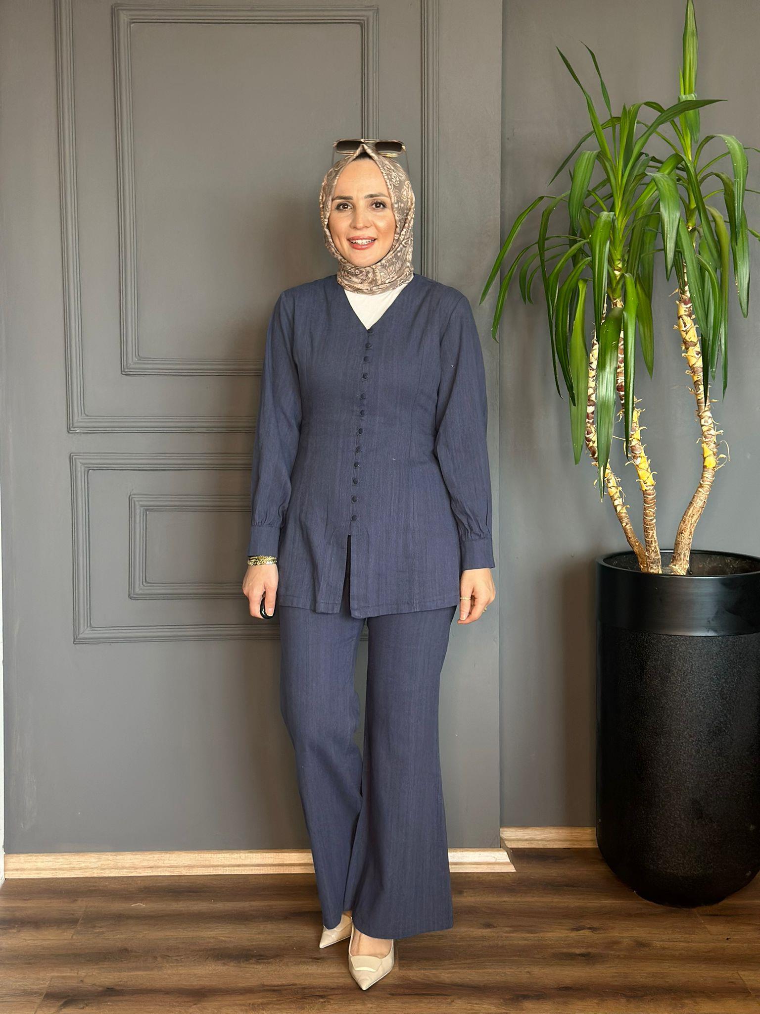 22725 DÜĞME DETAY KETEN TAKIM LACİVERT 