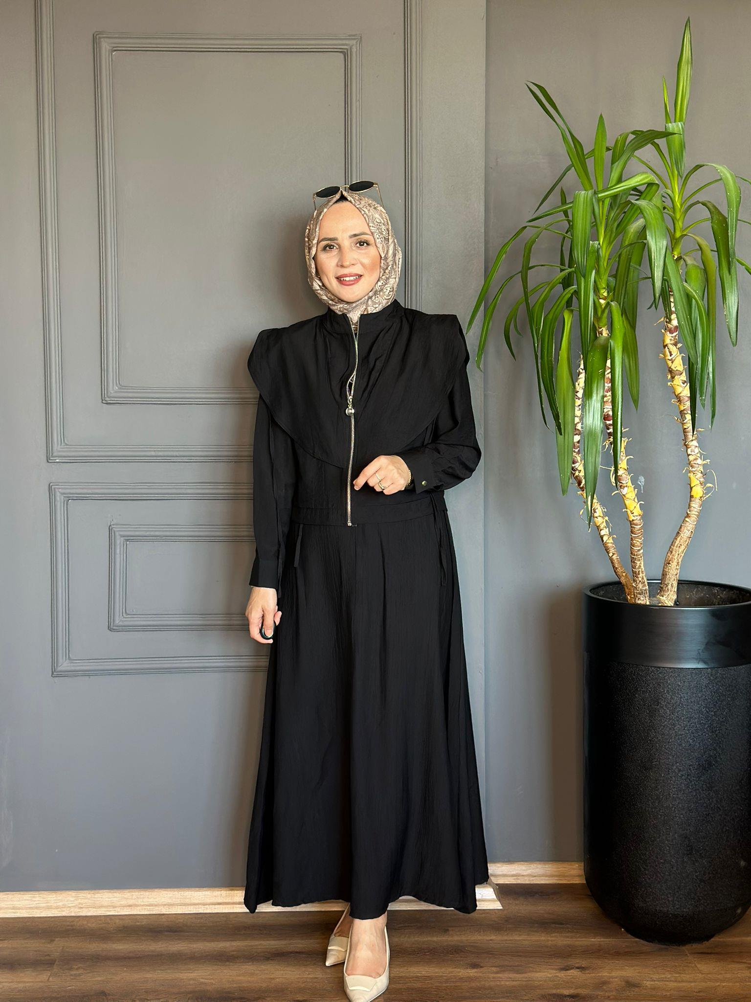 22735 İKİ PARÇALI ELBİSE TAKIM SİYAH  