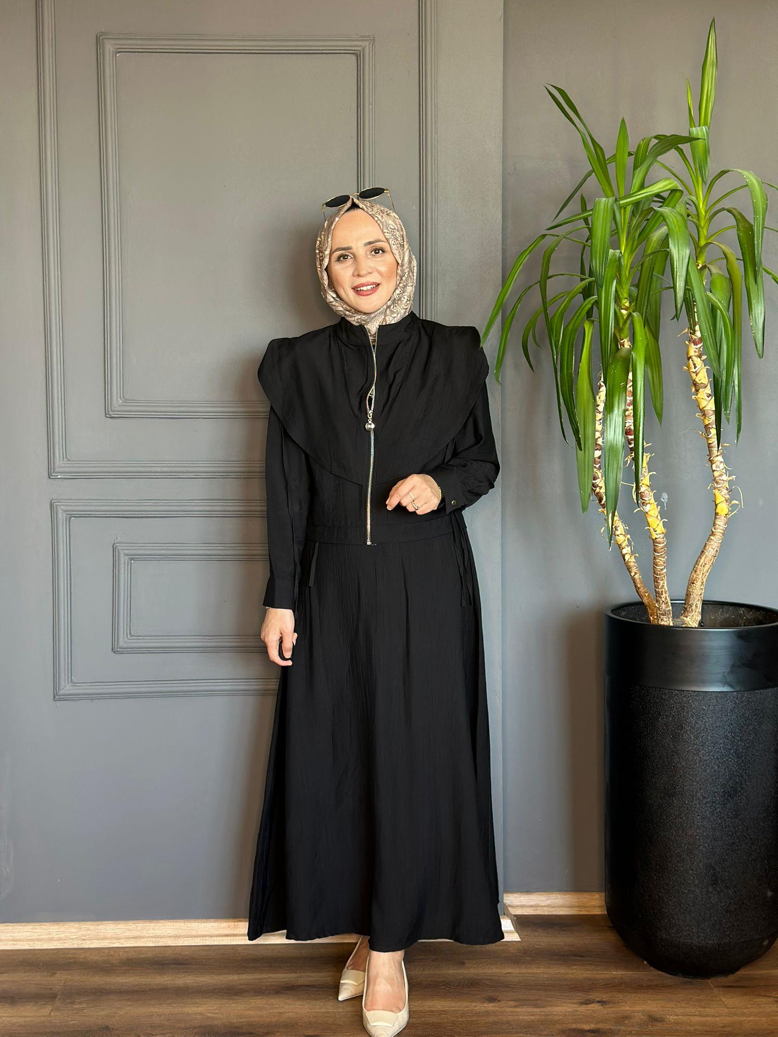 22735 İKİ PARÇALI ELBİSE TAKIM SİYAH  