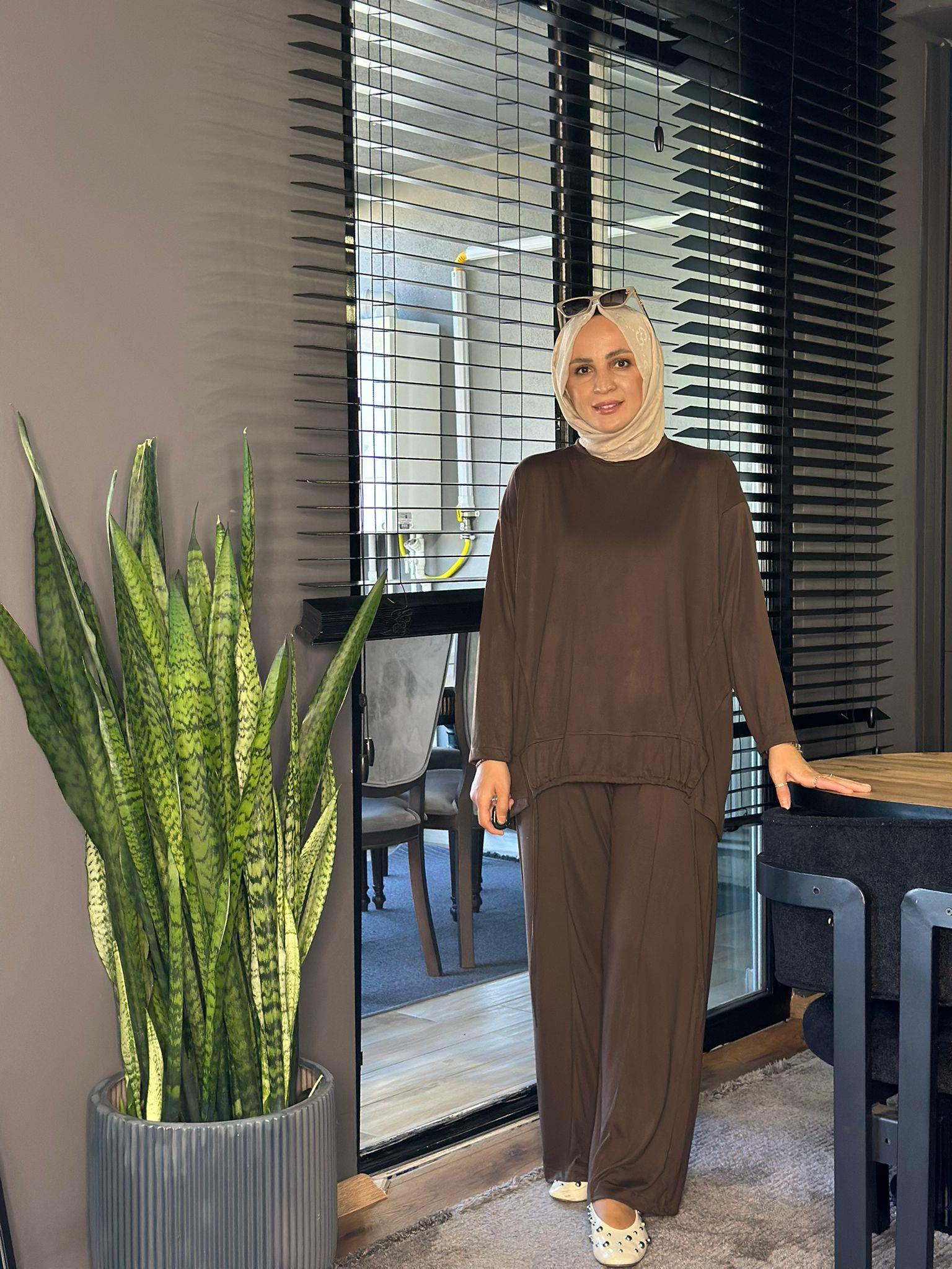22758 BÜZGÜ DETAY OYSHO TAKIM KAVERENGİ 