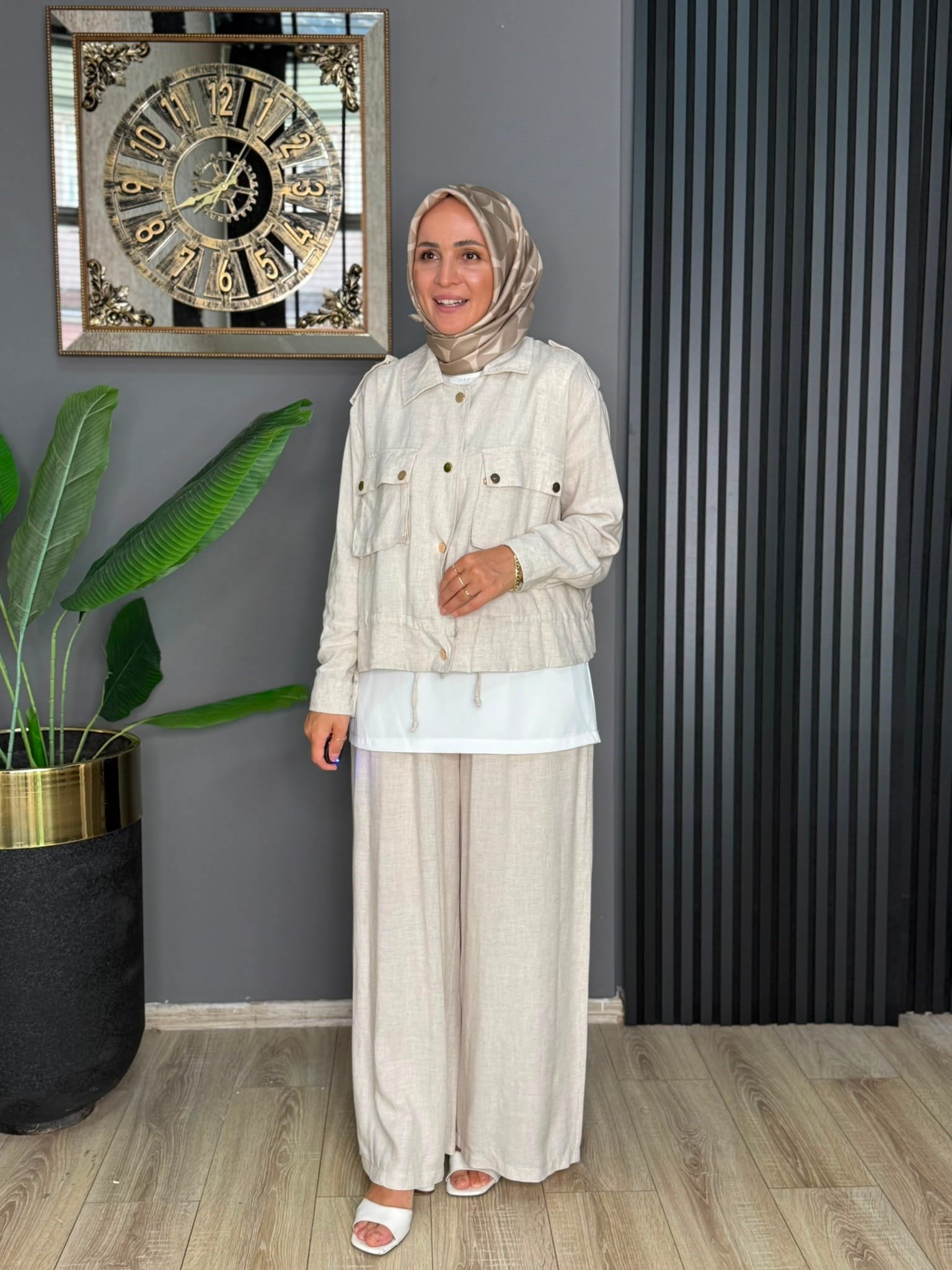 22879 MANOLYA KETEN TAKIM KREM S-M 