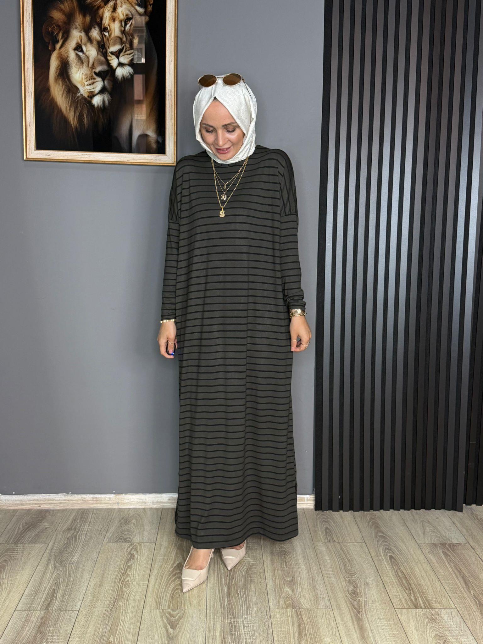 24121 ÇİZGİLİ PENYE ELBİSE GRİ  