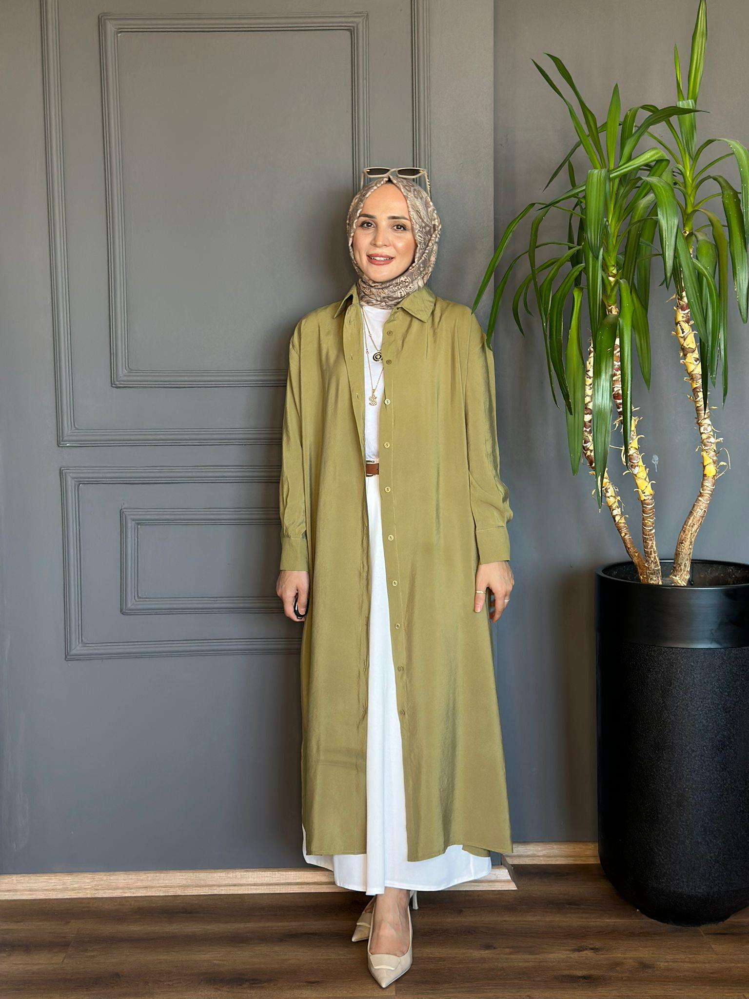 24308 BELİ BAĞCIKLI POPLİN GÖMLEK ELBİSE YAĞ YEŞİLİ  