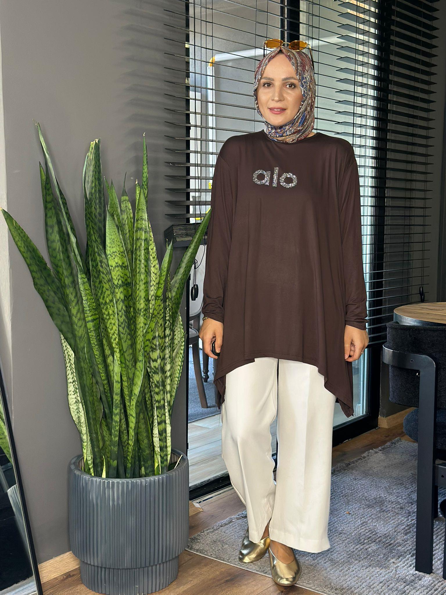 24341 TAŞLI ALO TUNİK KAHVERENGİ STANDART