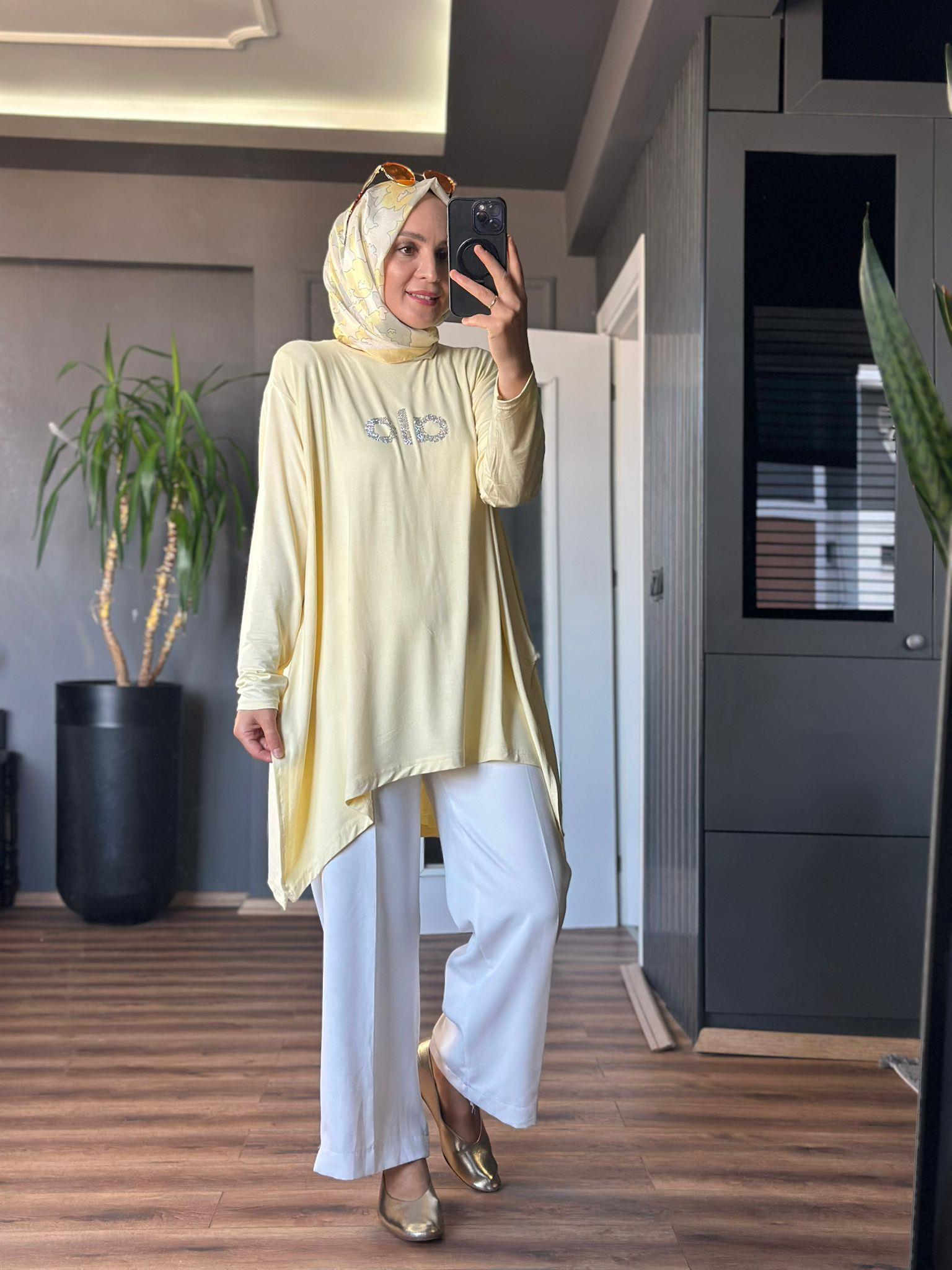 24341 TAŞLI ALO TUNİK SARI STANDART
