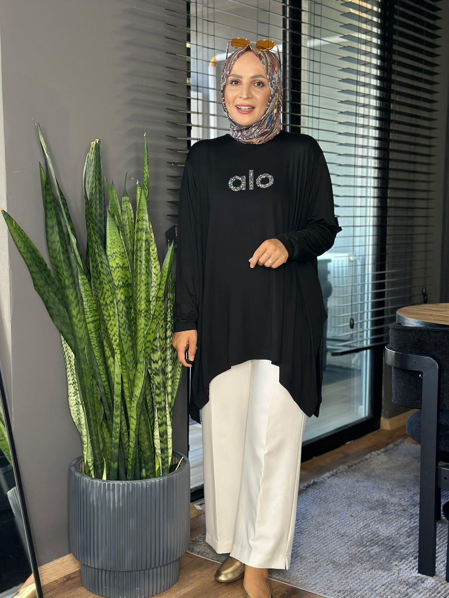24341 TAŞLI ALO TUNİK SİYAH STANDART