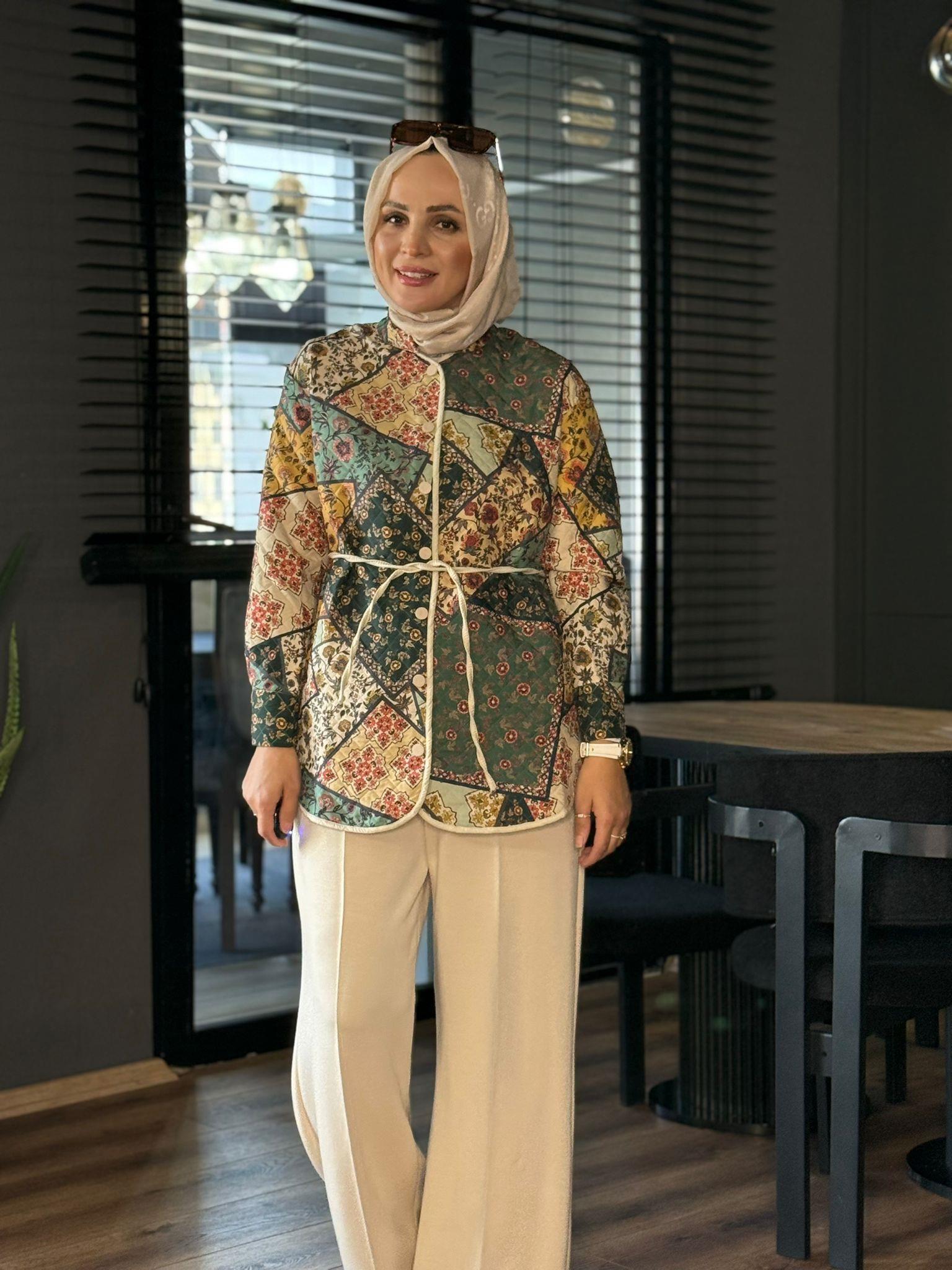 24347 ETNİK DESEN KAPİTONE CEKET YEŞİL S-M