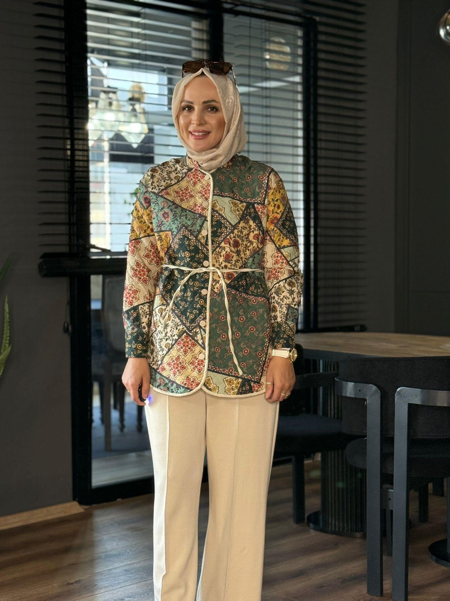 24347 ETNİK DESEN KAPİTONE CEKET YEŞİL S-M