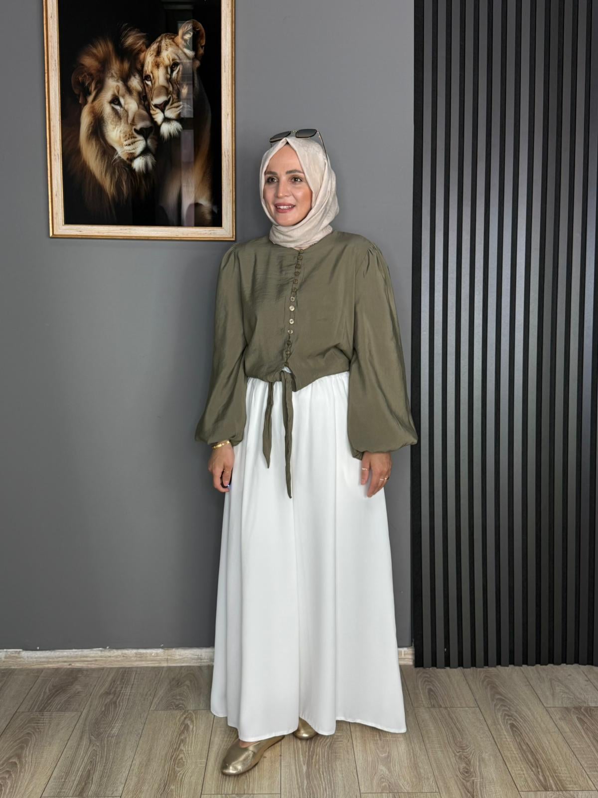 24399 BEL BÜZGÜ DETAY GÖMLEK YEŞİL  