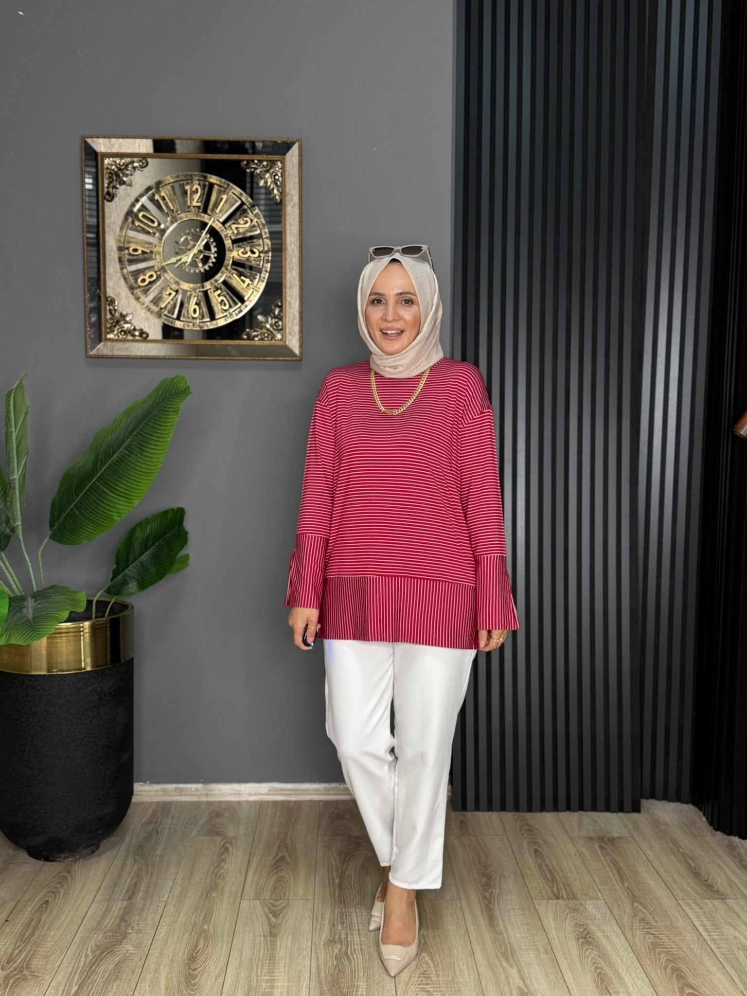 24438 NEVA ÇİZGİLİ TUNİK KIRMIZI 