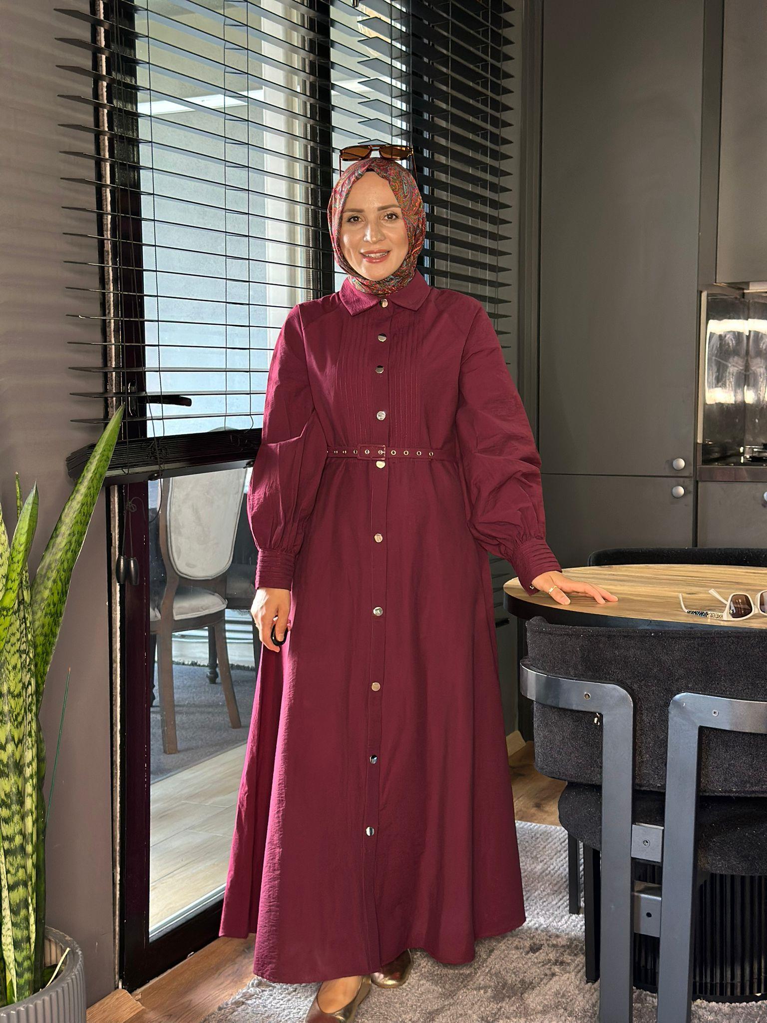 2502 DÜĞMELİ BORDO ELBİSE 