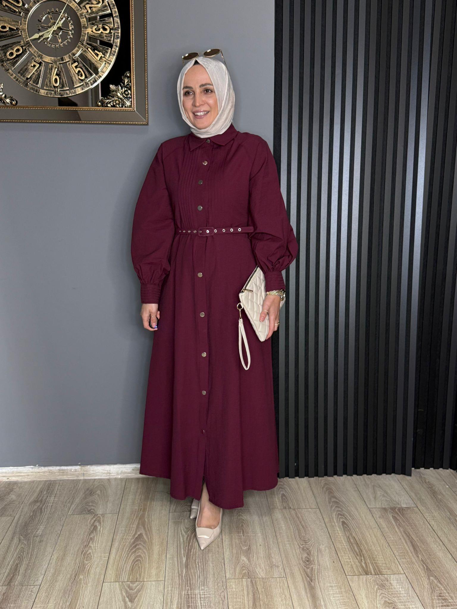 2502 DÜĞMELİ ELBİSE BORDO 