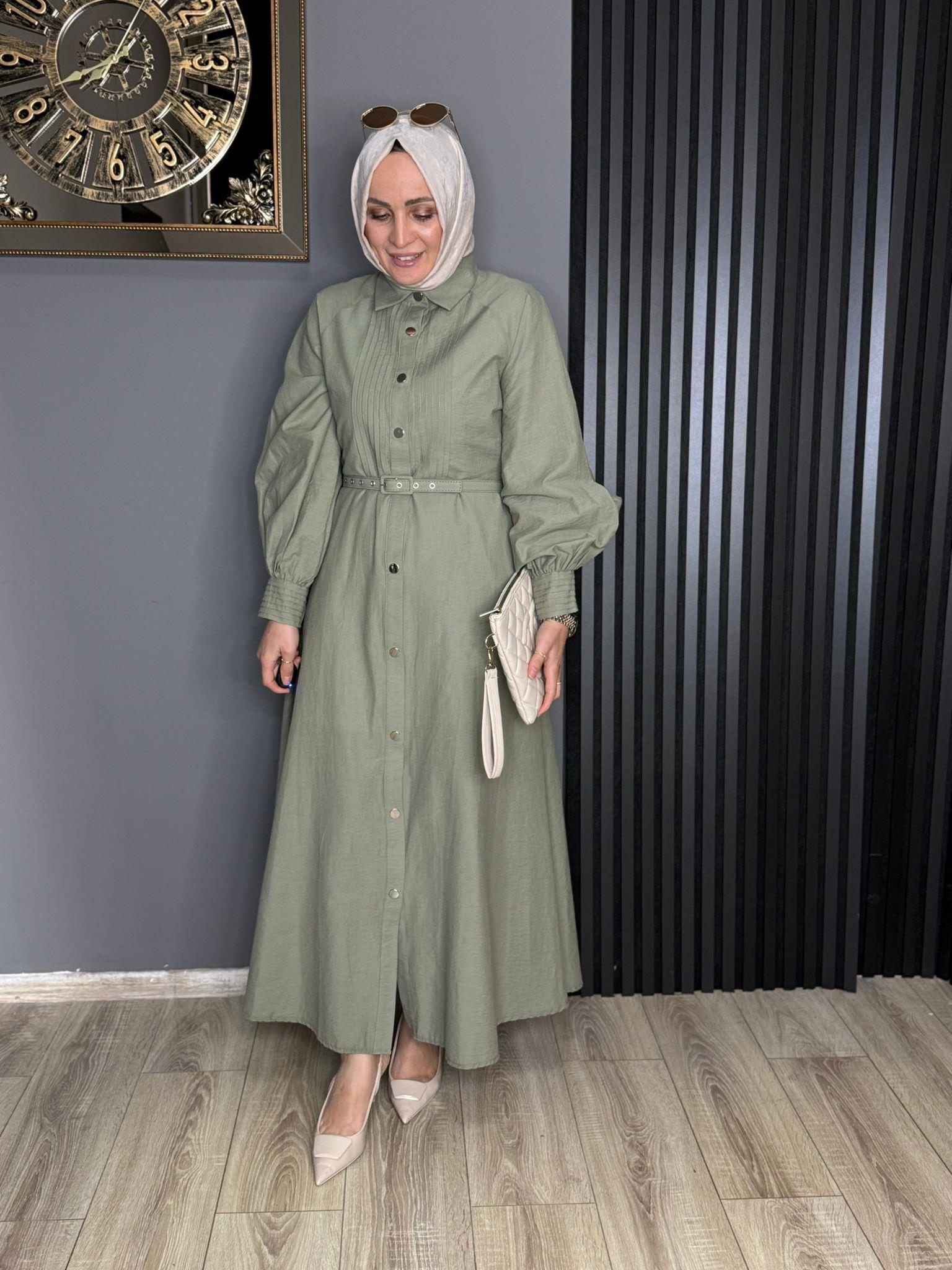 2502 DÜĞMELİ ELBİSE MİNT YEŞİLİ 