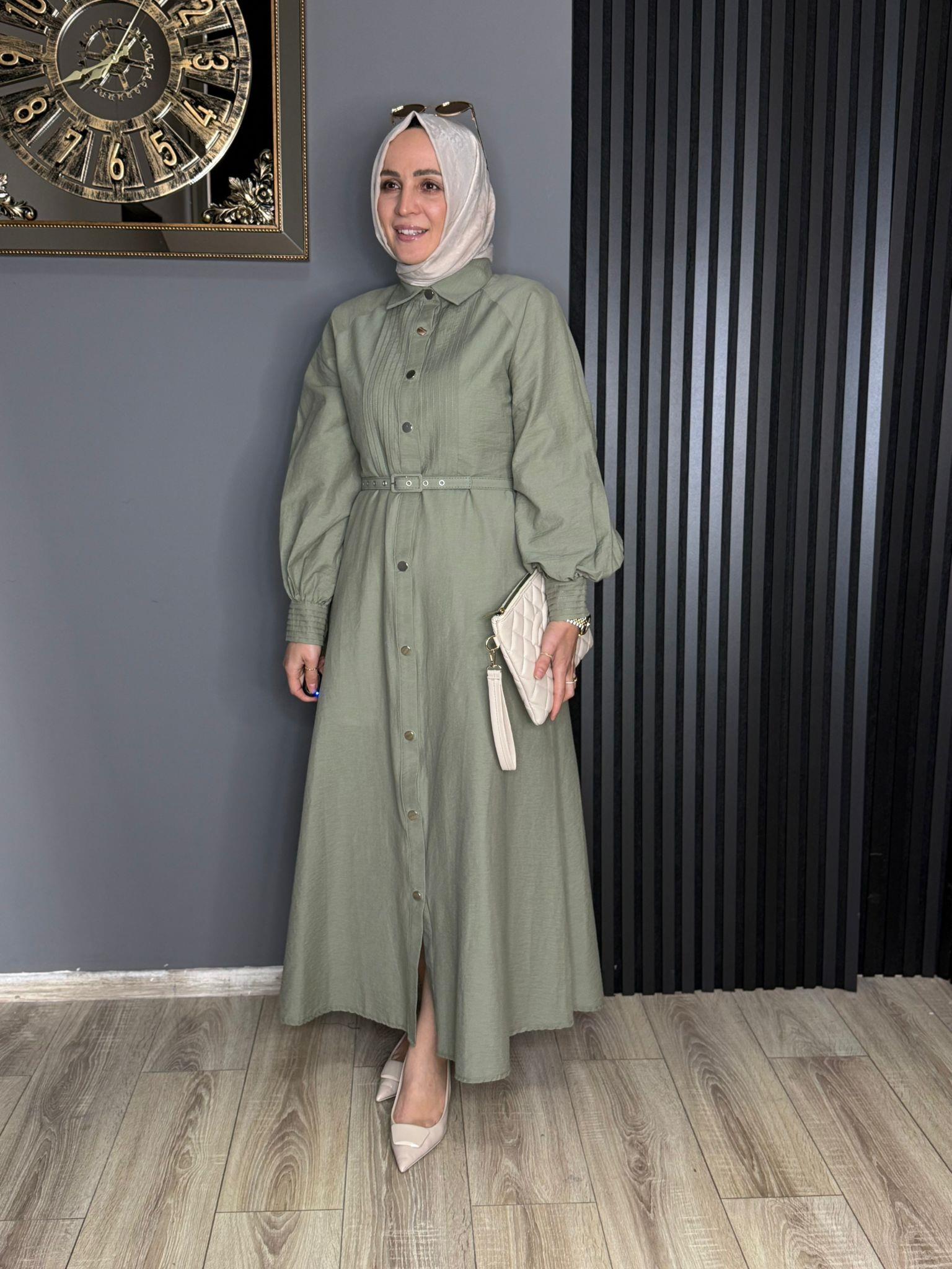 2502 DÜĞMELİ ELBİSE MİNT YEŞİLİ 