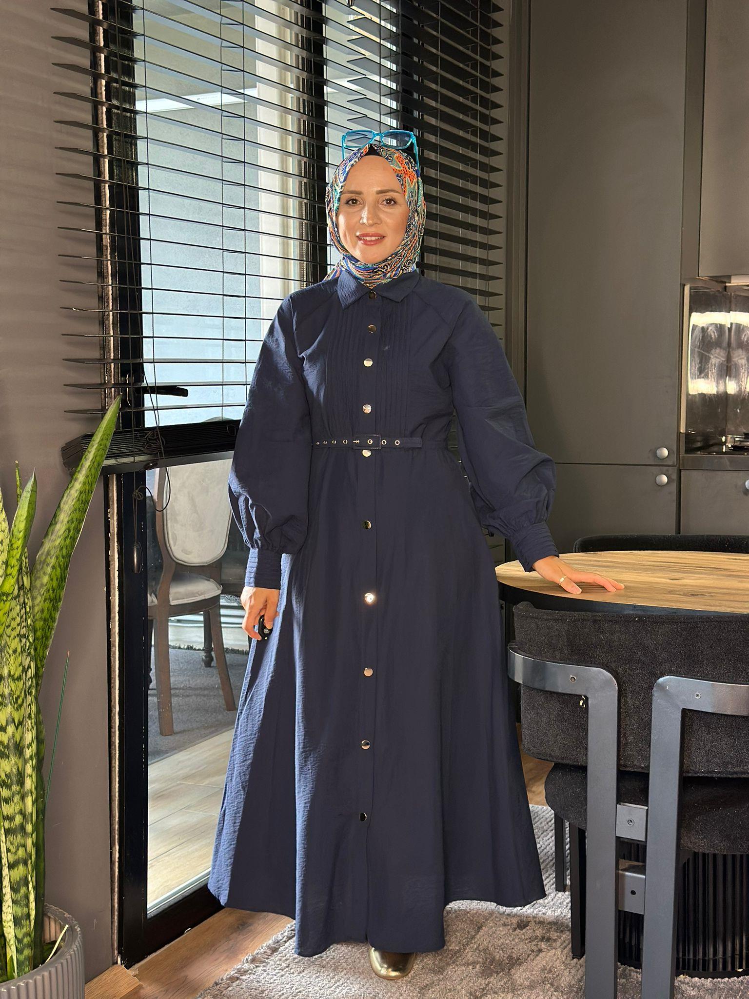 2502 DÜĞMELİ LACİVERT ELBİSE 