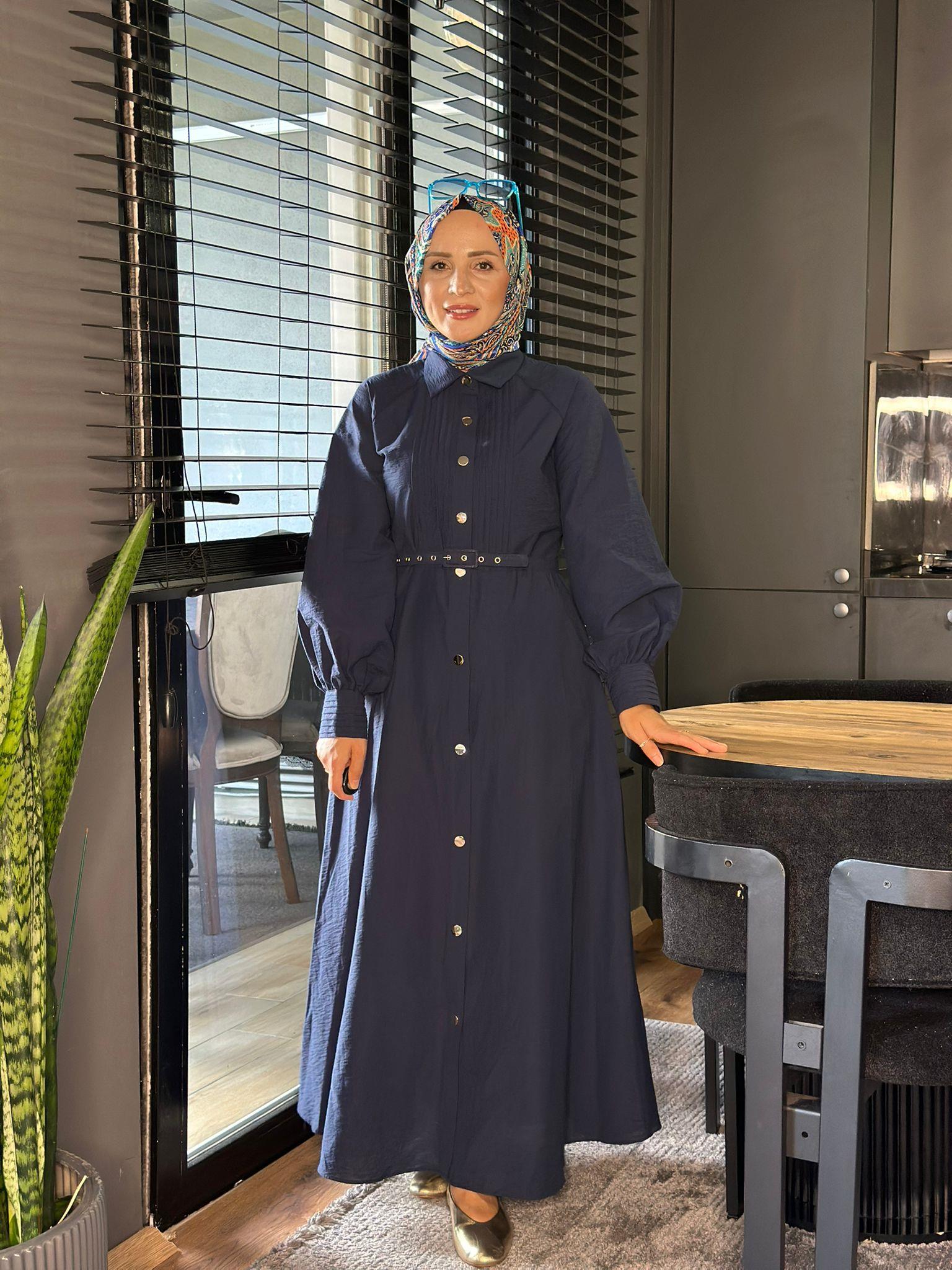 2502 DÜĞMELİ LACİVERT ELBİSE 