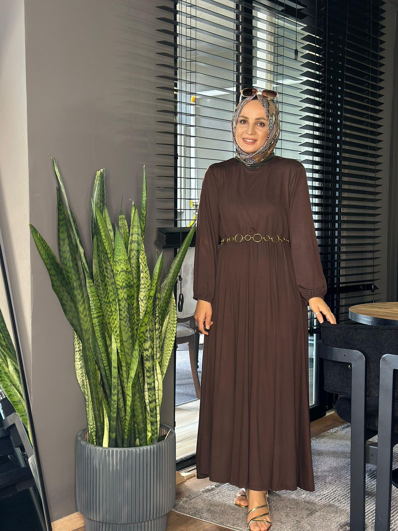 25119  BELİ LASTİKLİ PENYE ELBİSE KAHVERENGİ  STD