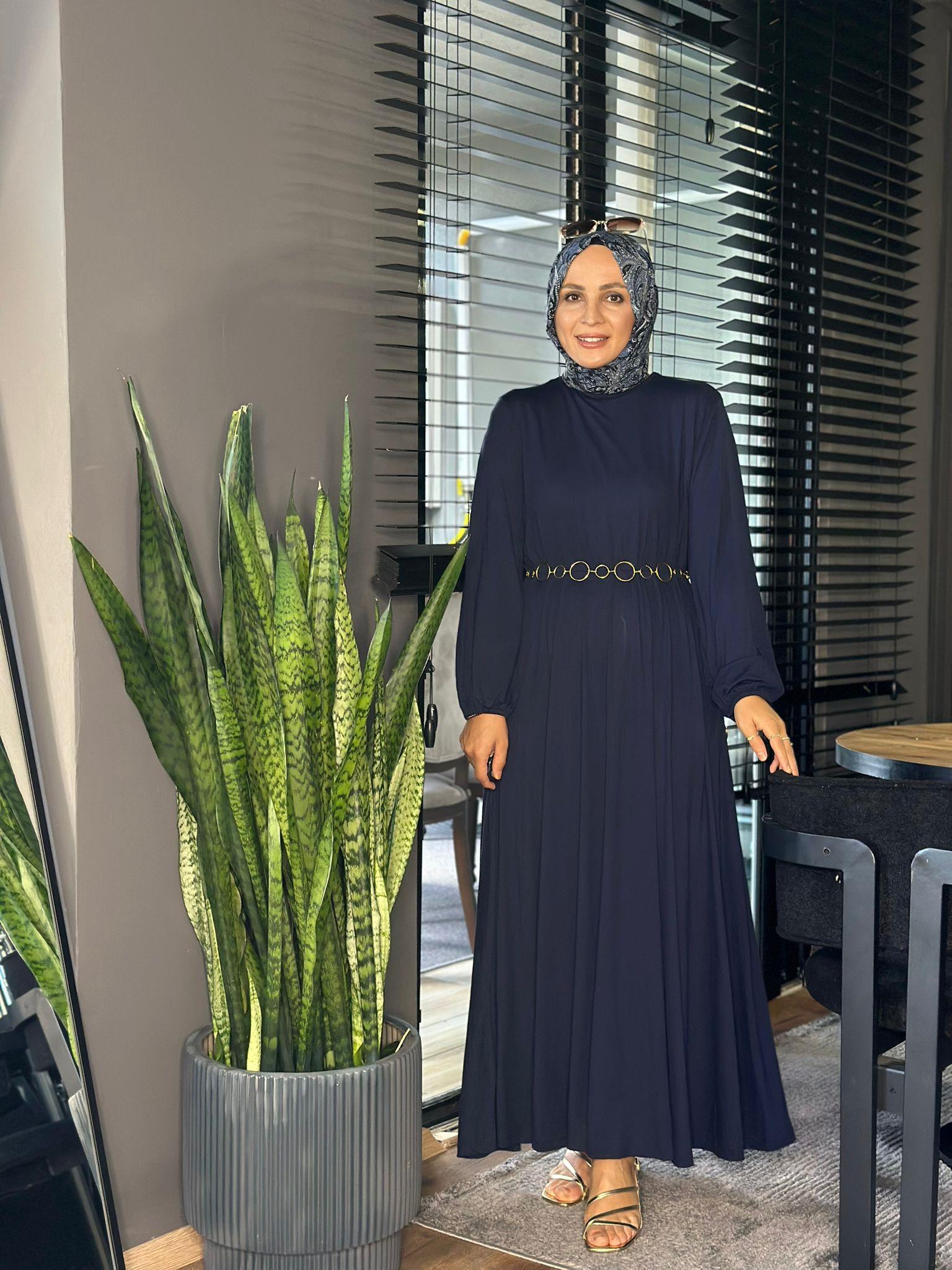 25119  BELİ LASTİKLİ PENYE ELBİSE LACİVERT STD