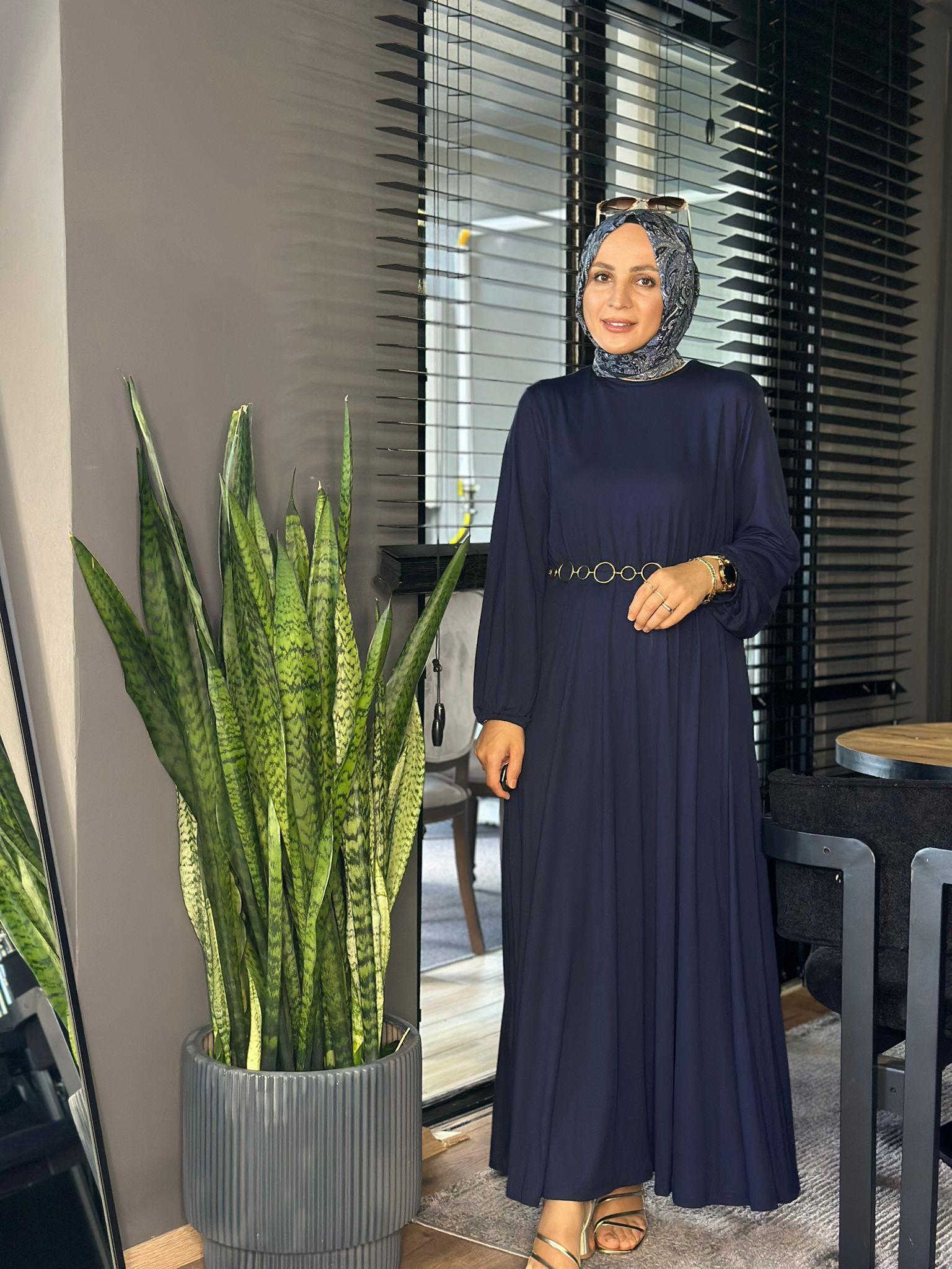 25119  BELİ LASTİKLİ PENYE ELBİSE LACİVERT STD