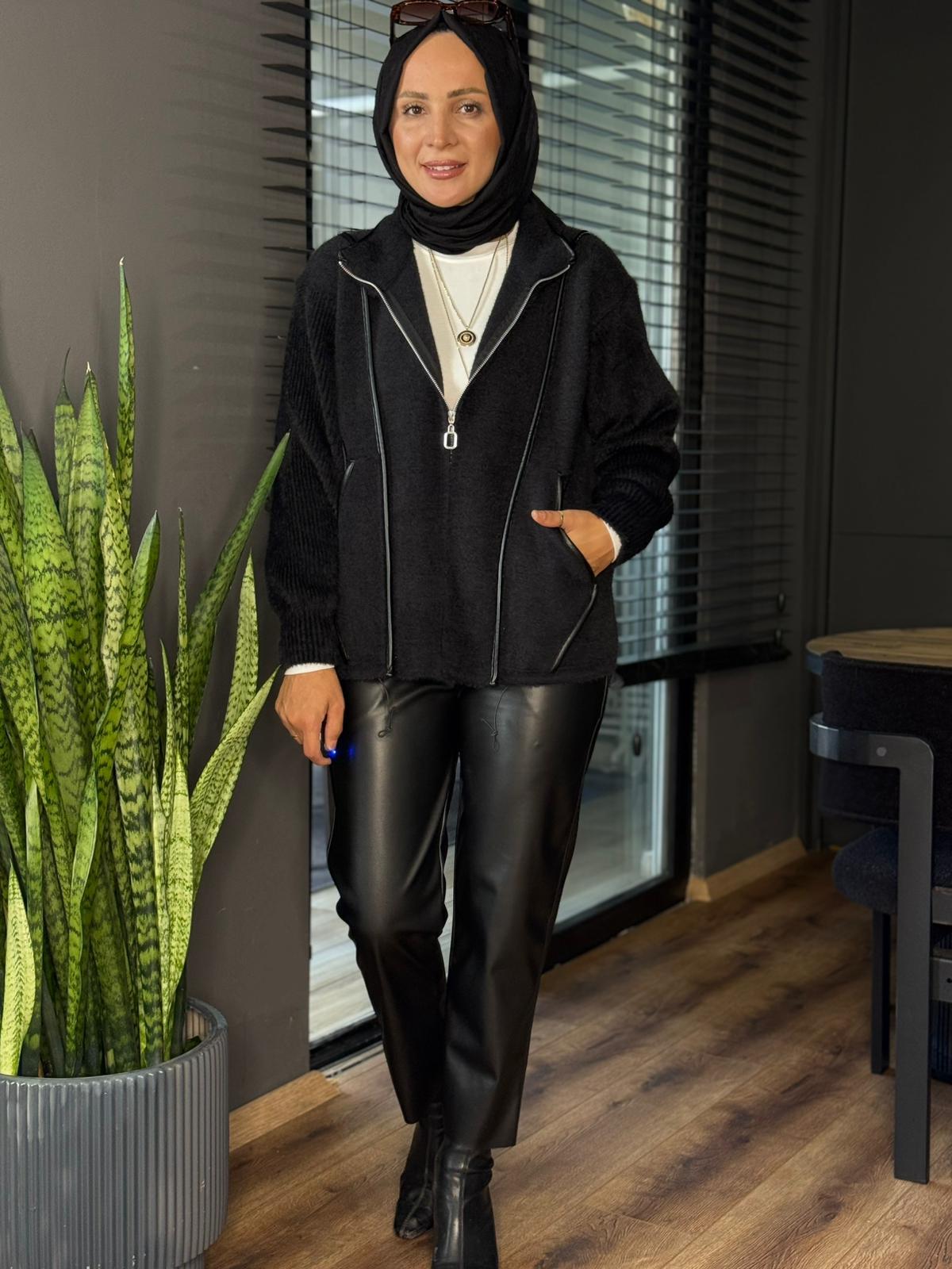 251453 DERİ ŞERİT CEKET SİYAH 
