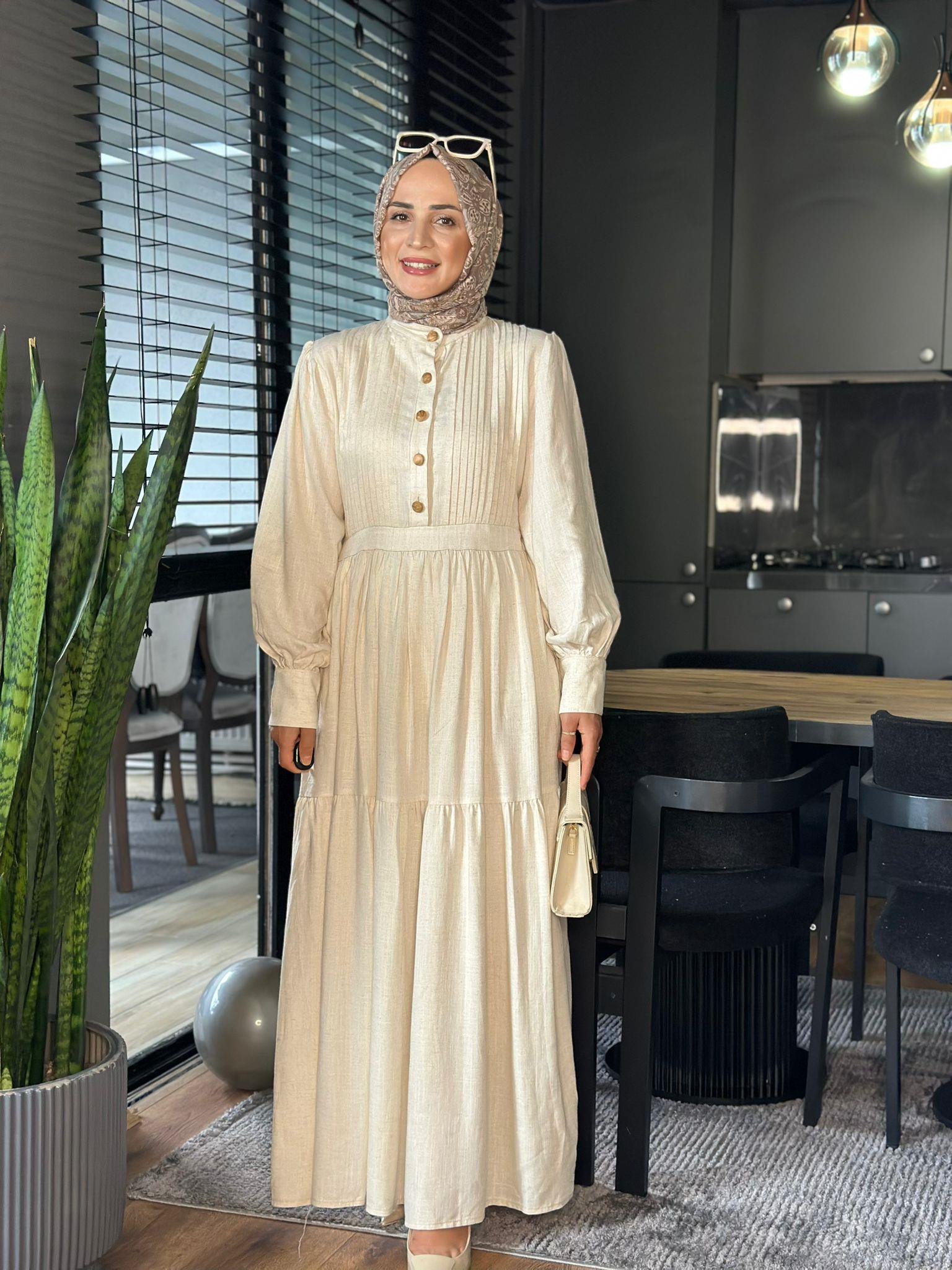 2660 PİLELİ KETEN ELBİSE KREM