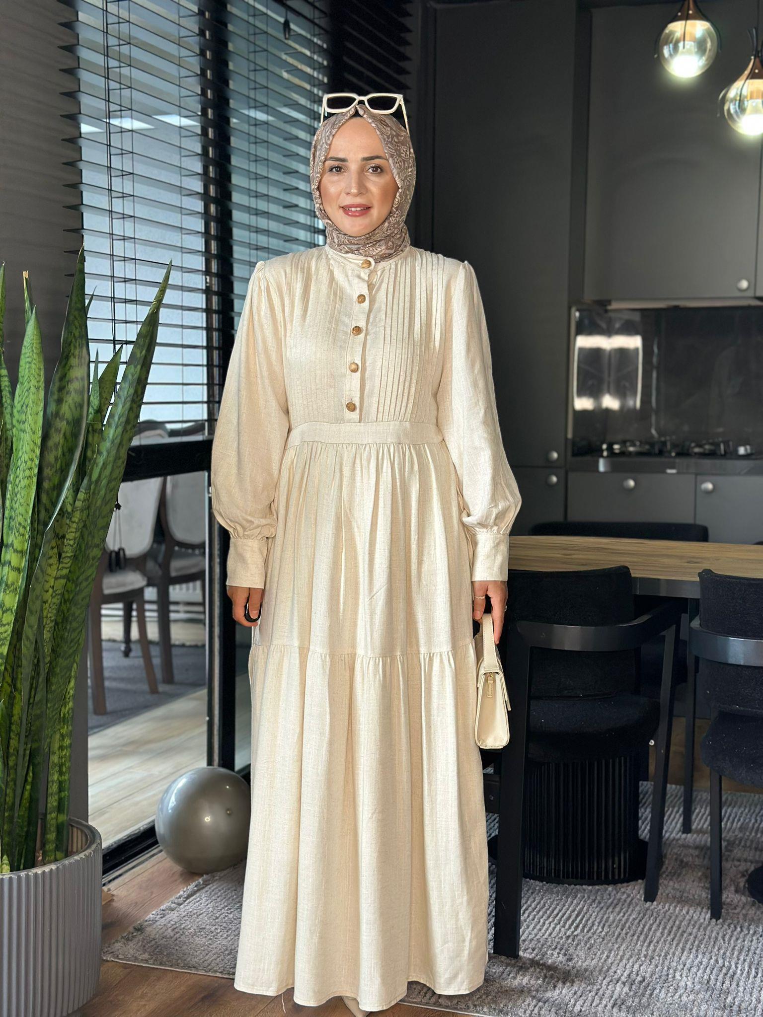 2660 PİLELİ KETEN ELBİSE KREM