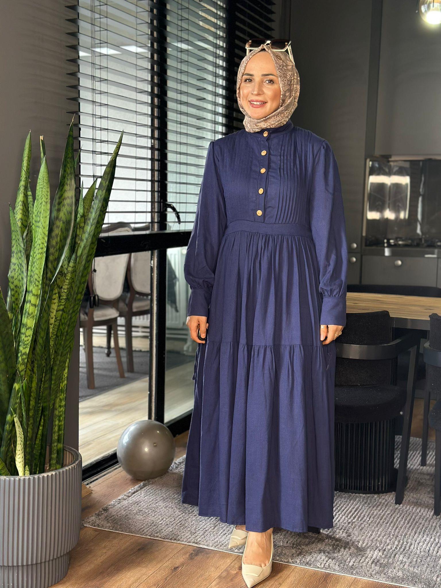 2660 PİLELİ KETEN ELBİSE LACİVERT