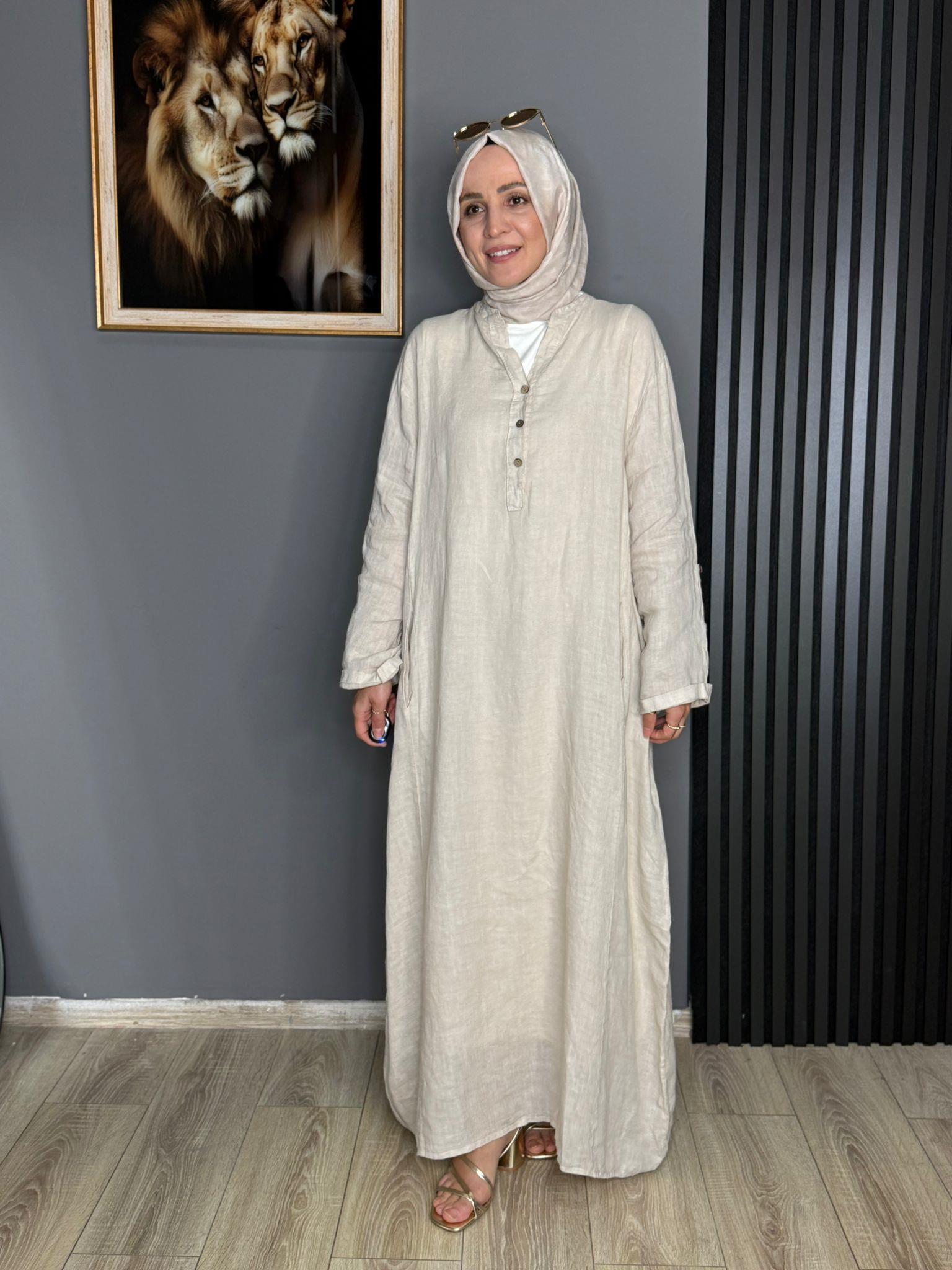 2701 KETEN ELBİSE KREM