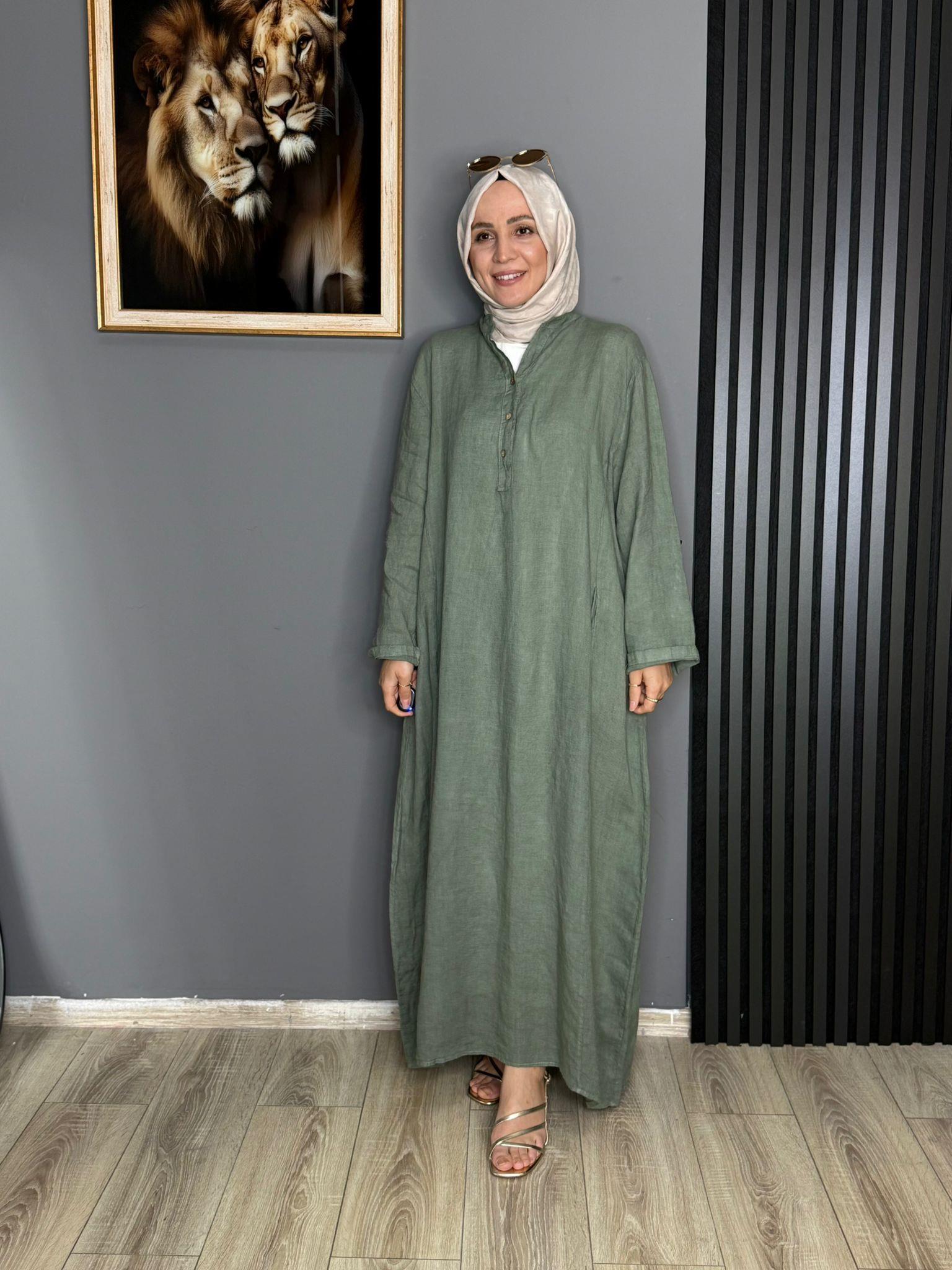 2701 KETEN ELBİSE MİNT YEŞİLİ