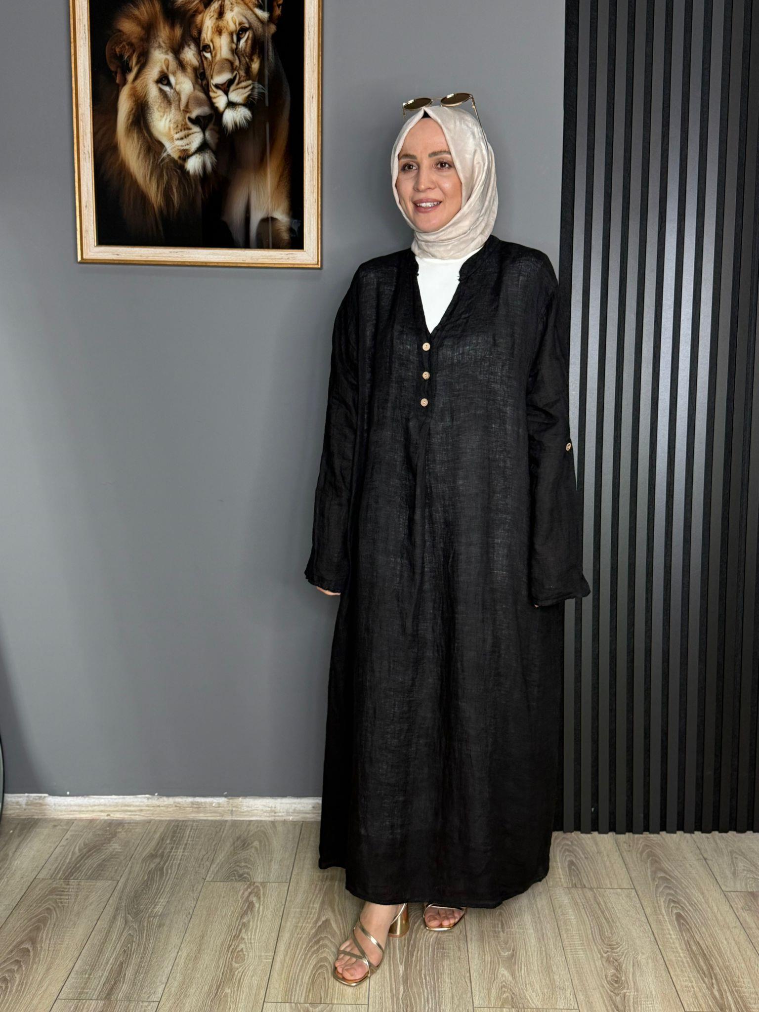 2701 KETEN ELBİSE SİYAH