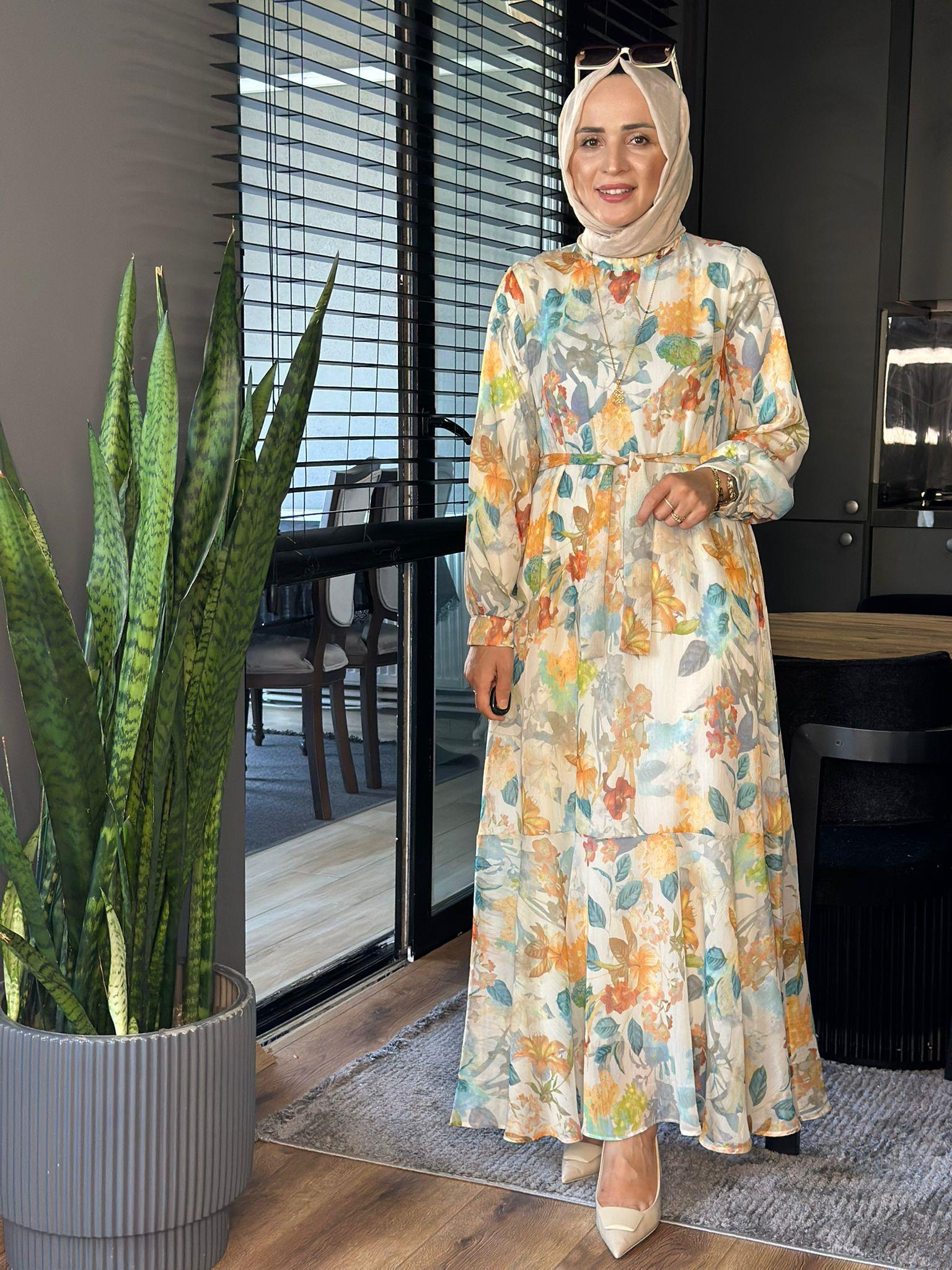 2746 YAPRAK DESENLİ ELBİSE SARI 