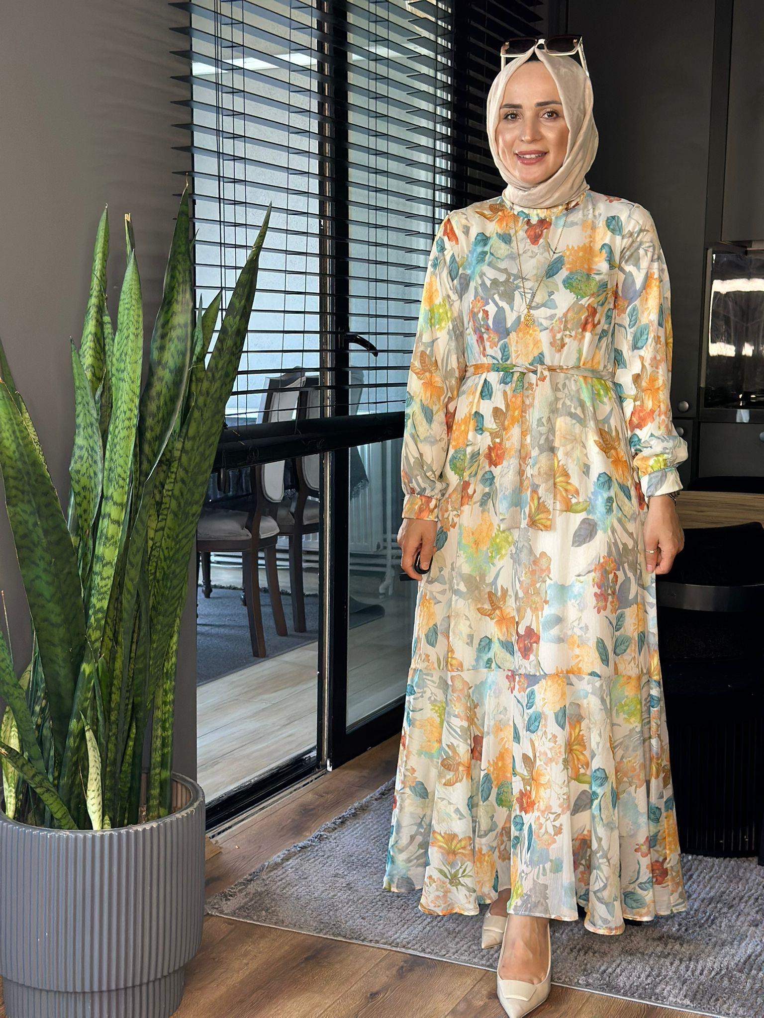 2746 YAPRAK DESENLİ ELBİSE SARI 